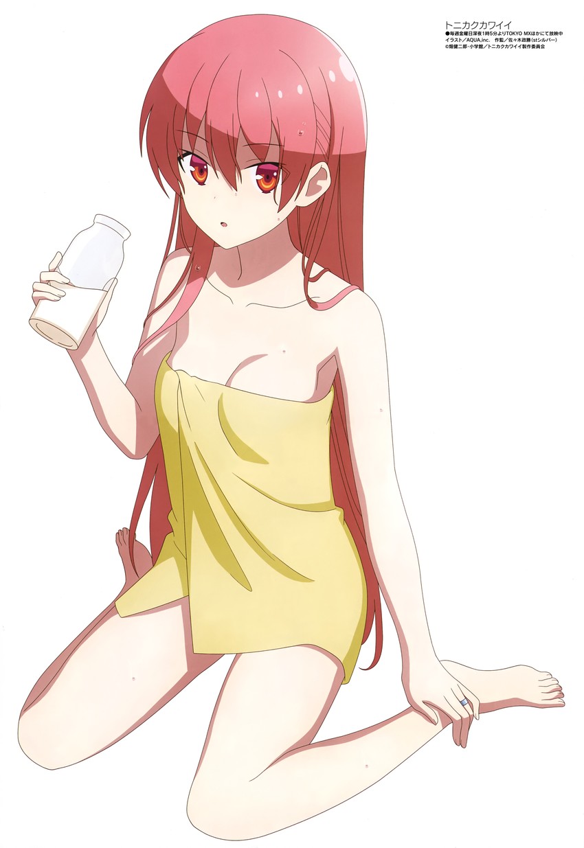 armpits bare_arms bare_legs bare_shoulders bare_thighs barefoot bottle breasts cleavage collarbone feet holding_bottle long_hair medium_breasts megami_magazine milk_bottle naked_towel official_art open_mouth red_eyes red_hair sitting thighs toes tonikaku_kawaii towel towel_only wedding_ring wet_body wet_hair yuzaki_tsukasa