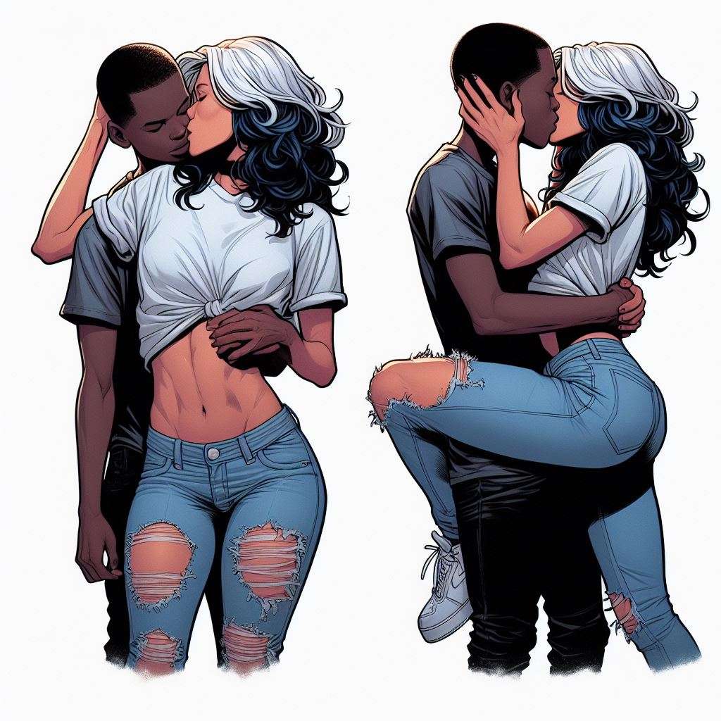1boy, 1girls, 2024, ai generated, ai hands, alternate hair color, anna marie, ass, big ass, closed eyes, dark skin, dark-skinned male, female, hourglass figure, interracial, kissing, light skin, light-skinned female, lips, male, marvel, marvel comics, miles morales, red lips, rogue (x-men), spider-man (series), straight, superhero, superheroine, two-tone hair, white hair, white streak, x-men