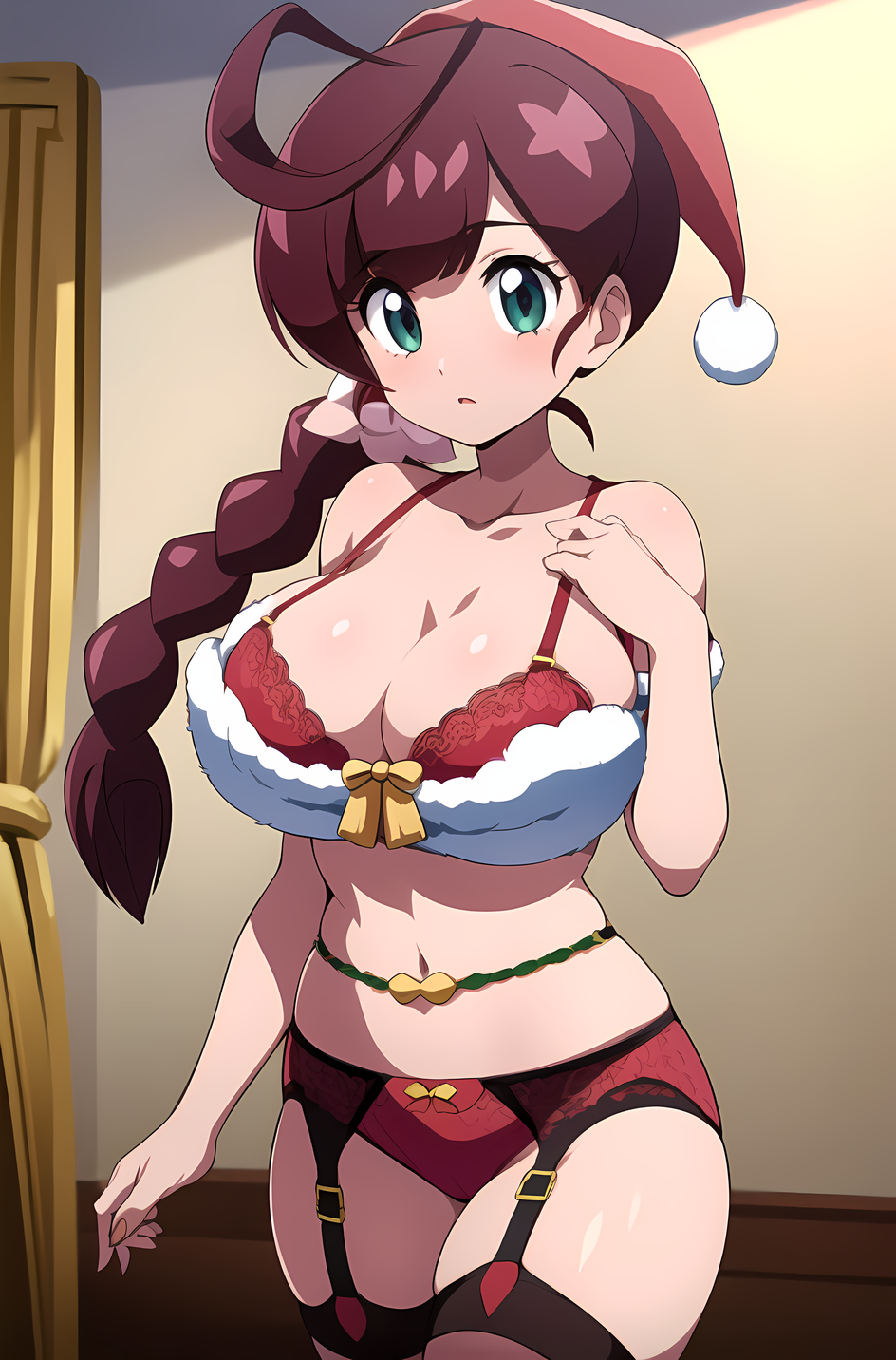 1girls ai_generated belly_button big_breasts black_clothing bra braid breasts chloe_(pokemon) cleavage collarbone female green_eyes hair_ornament open_mouth pokemon pokemon_journeys ryuzam single_braid solo stockings tied_hair