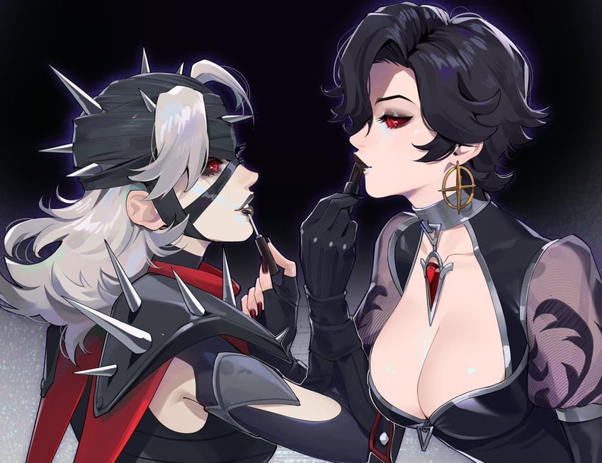 2girls age_difference alternate_costume alternate_hairstyle bandage bandage_on_head bandaged_head bandages big_breasts black_clothing black_hair black_lips black_lipstick breasts cleavage clothing earrings fantastic_four goth goth_clothing goth_fashion goth_female goth_girl gothic huge_breasts invisible_woman invisible_woman_(marvel_rivals) jewelry jubilee jubilee_(marvel_rivals) large_breasts lavelis leotard light-skinned_female light_skin lipstick long_hair looking_at_another makeup malice_(marvel) malice_(marvel_rivals) marvel marvel_comics marvel_rivals mature_female milf multiple_girls mutant_(marvel) official_alternate_costume red_eyes short_hair spikes sue_storm superheroine thighhighs vampire vampire_girl vampire_jubilee white_hair x-men