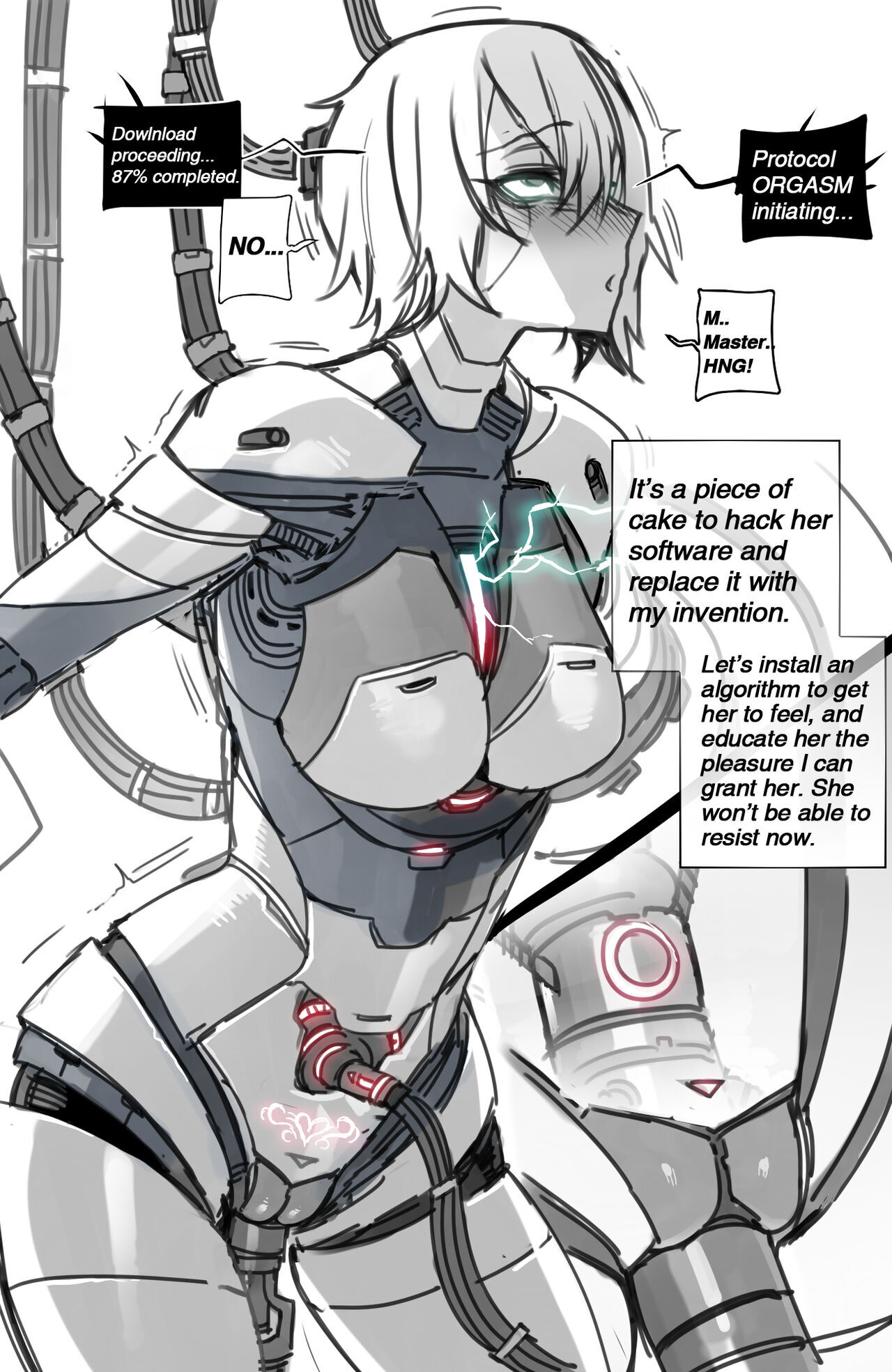 ahe gao, artificial intelligence, artificial vagina, blush, blush lines, breasts, corrupted, corruption, curvy, curvy female, curvy figure, digital media (artwork), forced orgasm, full body, glowing body, gray eyes, hacking, insertion, mind break, mindbreak, mr.skull, orgasm, original character, pubic tattoo, ratatatat74, resisting, resisting pleasure, restrained, restrained arms, robot, robot girl, robot humanoid, side view, tattoo, text, text box, virus, waist, white background, white hair