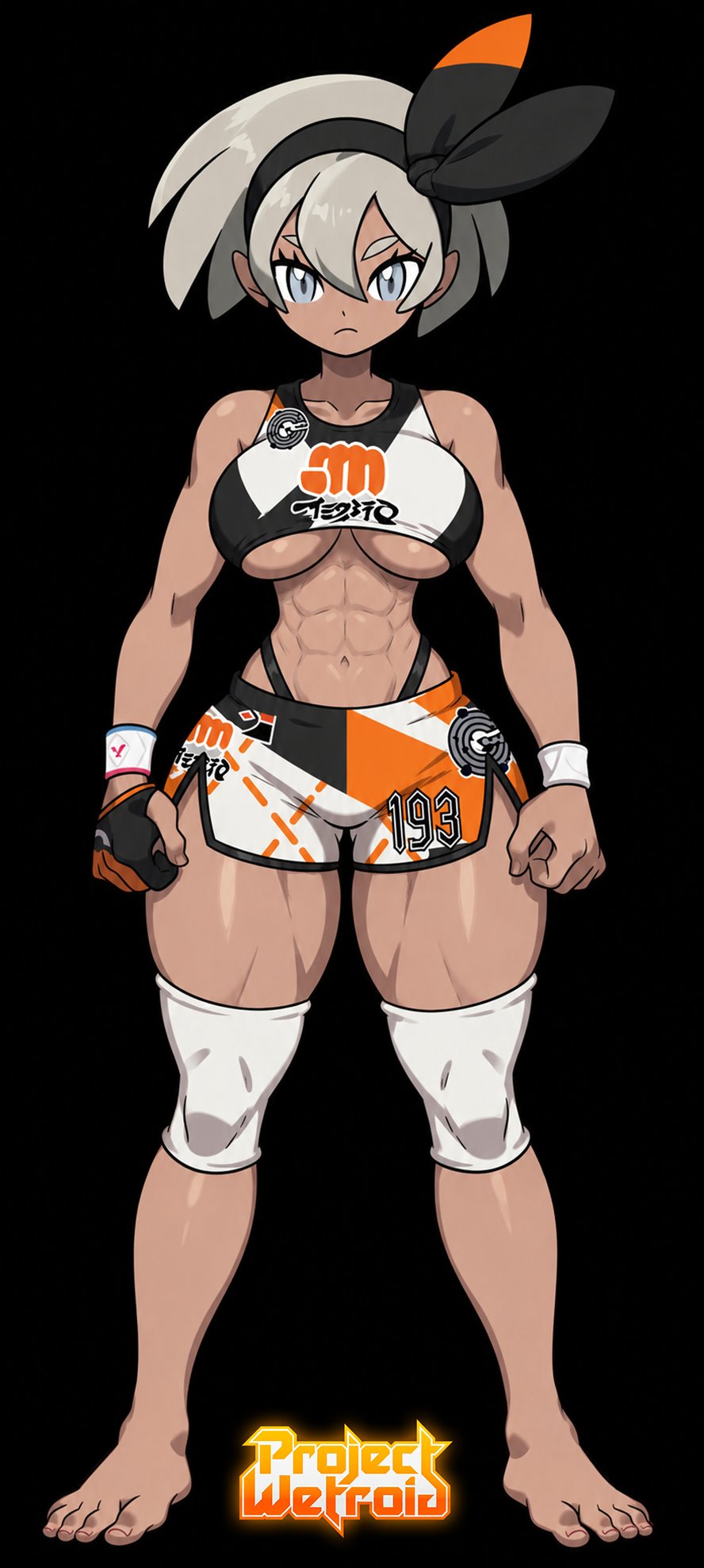 1girls artist_logo artist_name barefoot bea_(pokemon) boob_window edit edited_official_artwork feet female_only grey_eyes grey_hair hair_ornament knee_pads looking_at_viewer muscular muscular_female official_art pantylines pokemon pokemon_ss projectwetroid shorts sports_bra sportswear toned toned_body underboob wristband