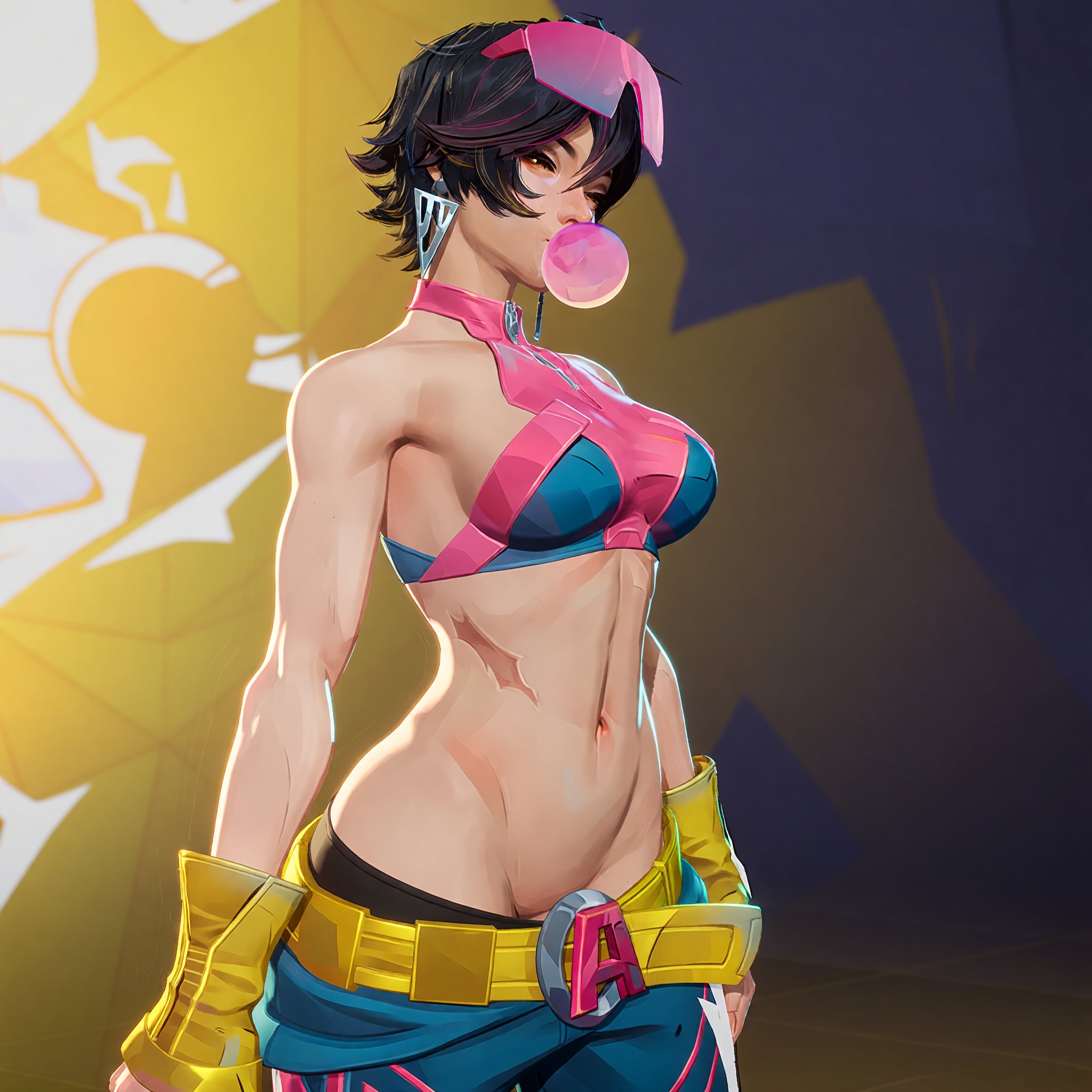 3d, bubble gum, clothed, clothes, clothing, edited, edited art, edited official artwork, female, female focus, female only, jubilee, jubilee (marvel rivals), marvel, marvel rivals, pants, pants down, pussy, short hair, solo, suggestive, superhero, superheroine, teasing, tummy, x-men