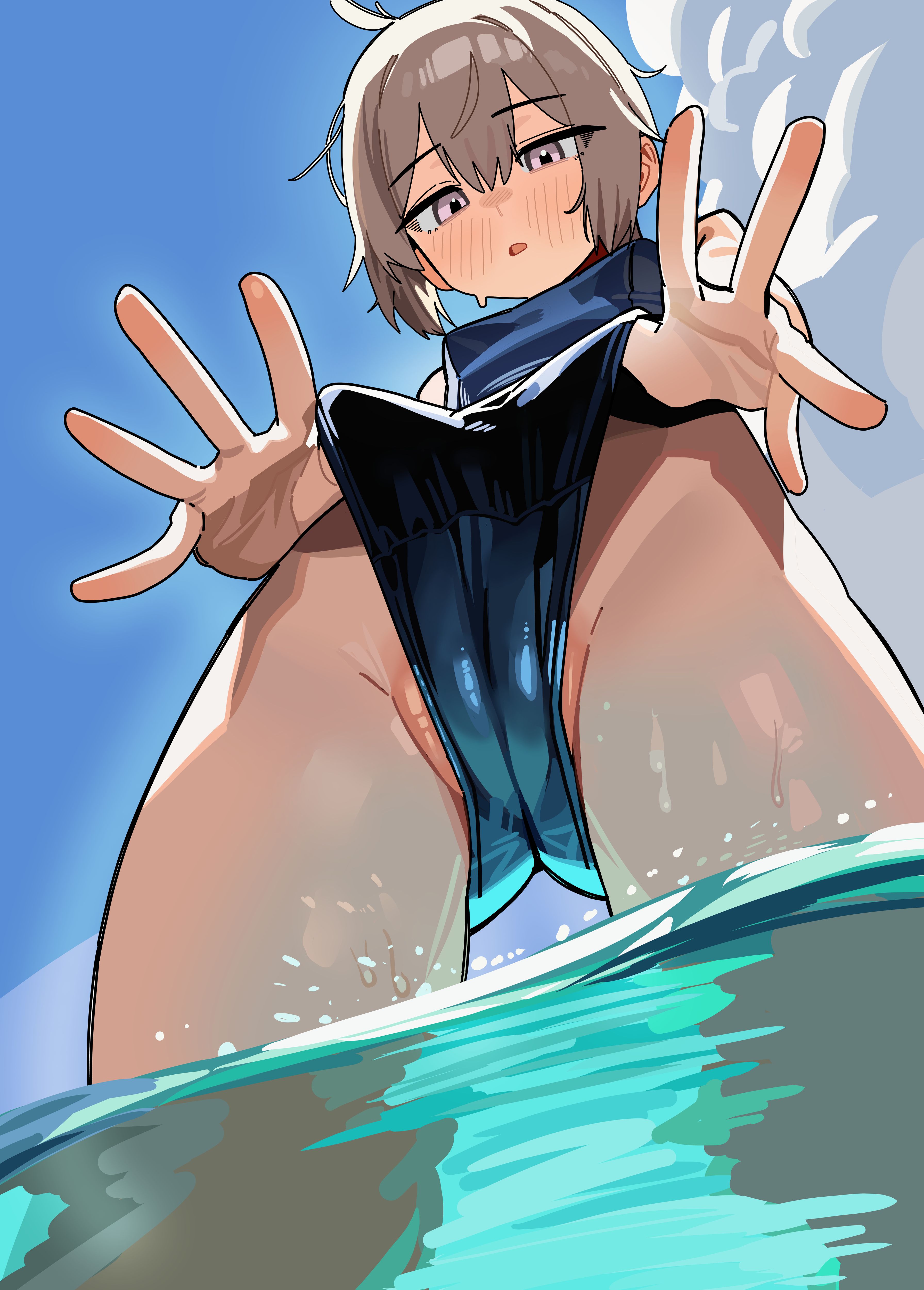1girls, blush, breasts, cameltoe, feet out of frame, female, female only, girls' frontline, grey hair, looking down, low-angle view, m200 (girls' frontline), one-piece swimsuit, outdoors, partially visible vulva, purple eyes, ruppu, sweat, sweatdrop, swimsuit, swimsuit pull, water