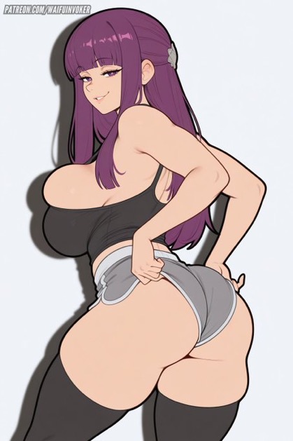 1girls 2d 2d_(artwork) ai_generated ass bangs big_ass big_breasts booty_shorts breasts female female_only fern_(sousou_no_frieren) frieren_beyond_journey's_end huge_breasts large_breasts light-skinned_female light_skin long_hair looking_at_viewer looking_back purple_eyes purple_hair seductive seductive_look seductive_pose seductive_smile sexy shorts slim_waist smile smiling smiling_at_viewer solo solo_female sousou_no_frieren tank_top thick_thighs thighhighs thighs waifuinvoker