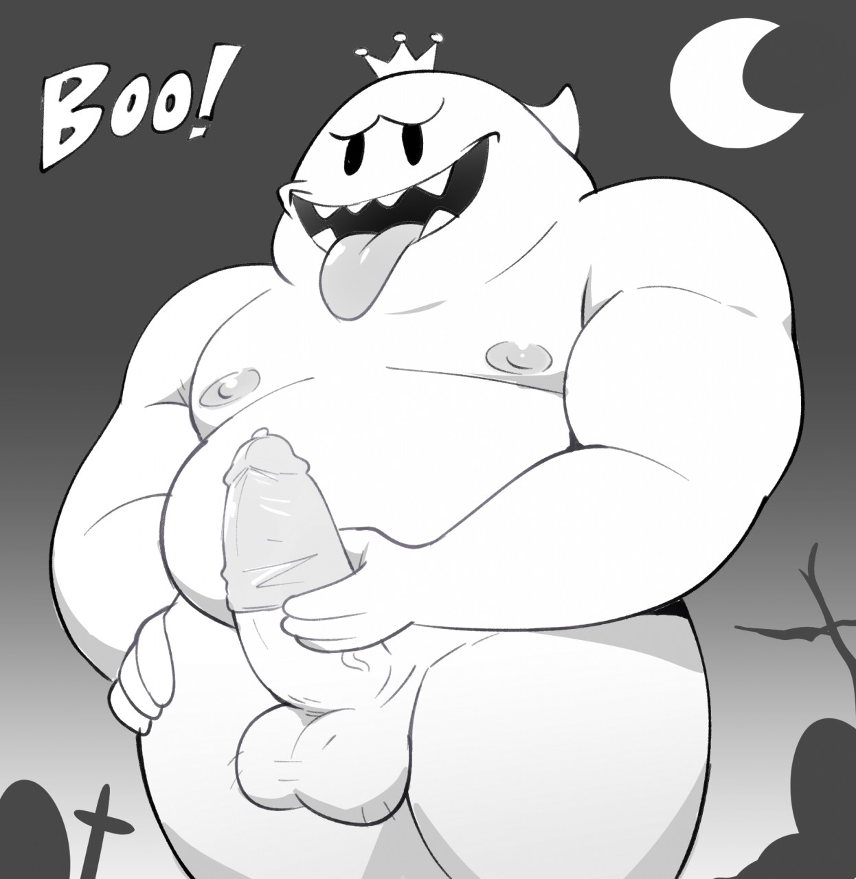1boy, balls, boo (mario), condom, cross, crown, elfein, erection, fangs, ghost, graveyard, humanoid, king boo, male, male only, mario (series), moon, night, nintendo, nipples, penis, solo, tongue, tongue out