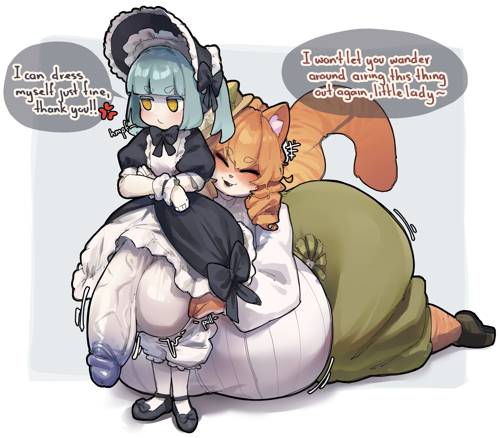 1futa, 2girls, anger vein, balls, big boobs, big breasts, big cock, big penis, blush, blush lines, blushing, boobs, breasts, cat ears, cat tail, character request, charlotte (roriposter), clothing, cock, crr001, doll, doll girl, doll joints, furry, futanari, grey hair, hat, huge balls, huge boobs, huge breasts, huge cock, huge penis, huge testicles, long sleeves, maid, maid headdress, maid outfit, maid uniform, orange hair, pants down, penis, rr001c, shoes, simple background, size difference, skirt up, smaller female, taller female, testicles, text, turtleneck, veiny cock, veiny penis, yellow eyes