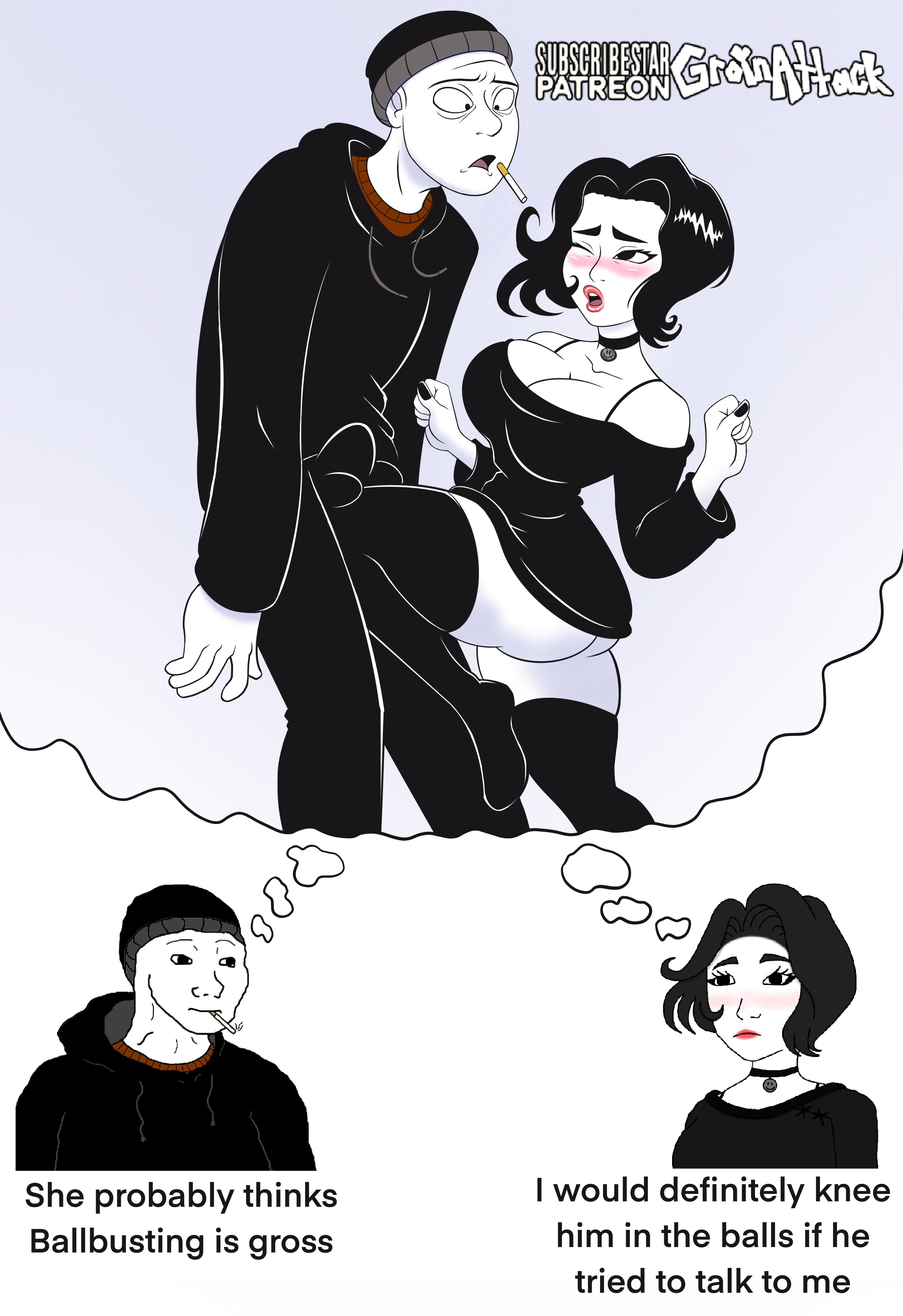 1boy, 1boy1girl, 1female, 1girl, 1girls, 1male, adult, adult female, adult male, ballbusting, cbt, cock and ball torture, cock and balls torture, curvaceous, curvy, curvy body, curvy female, curvy figure, curvy hips, doomer, doomer girl, english, english text, femdom, femdom caption, funny, goth, goth girl, groinattack3, hourglass figure, hourglass figured female, kicked in the balls, meme, shitpost, text, wholesome, wojak comics