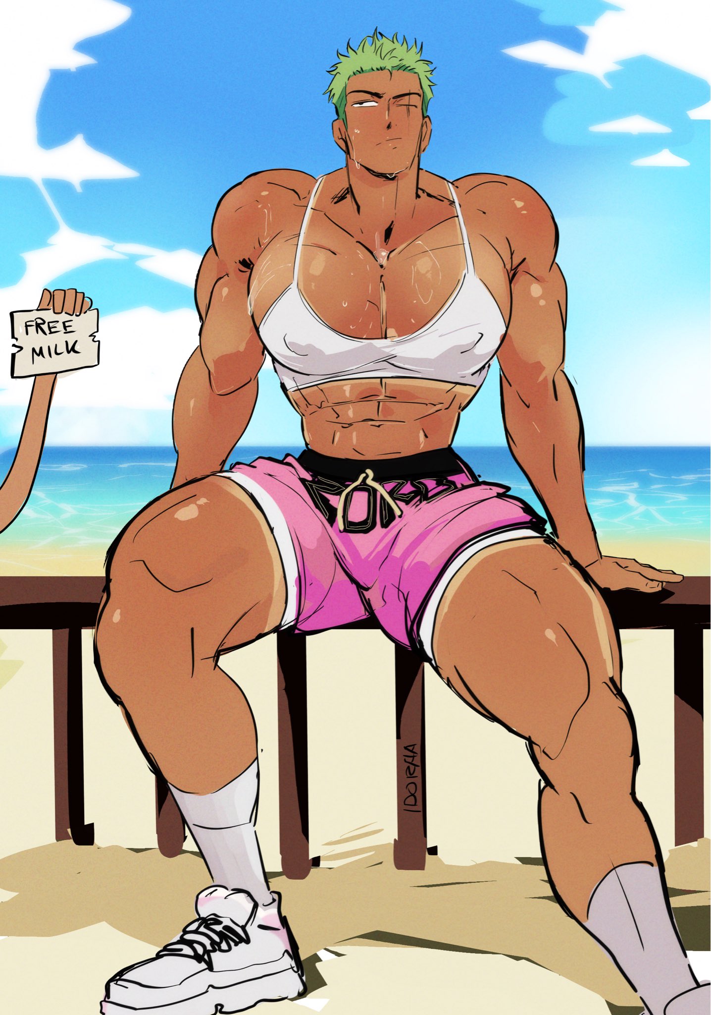 1boy, abs, big pecs, clothed, clothing, gay, gay male, idoraad, lilprincyvi, male, male focus, male only, muscular, muscular male, nipples, nipples visible through clothing, one eye closed, one piece, pecs, roronoa zoro, shoes, sitting, socks, solo, solo focus, solo male, sweat, sweatdrop, sweating, tanline, yaoi