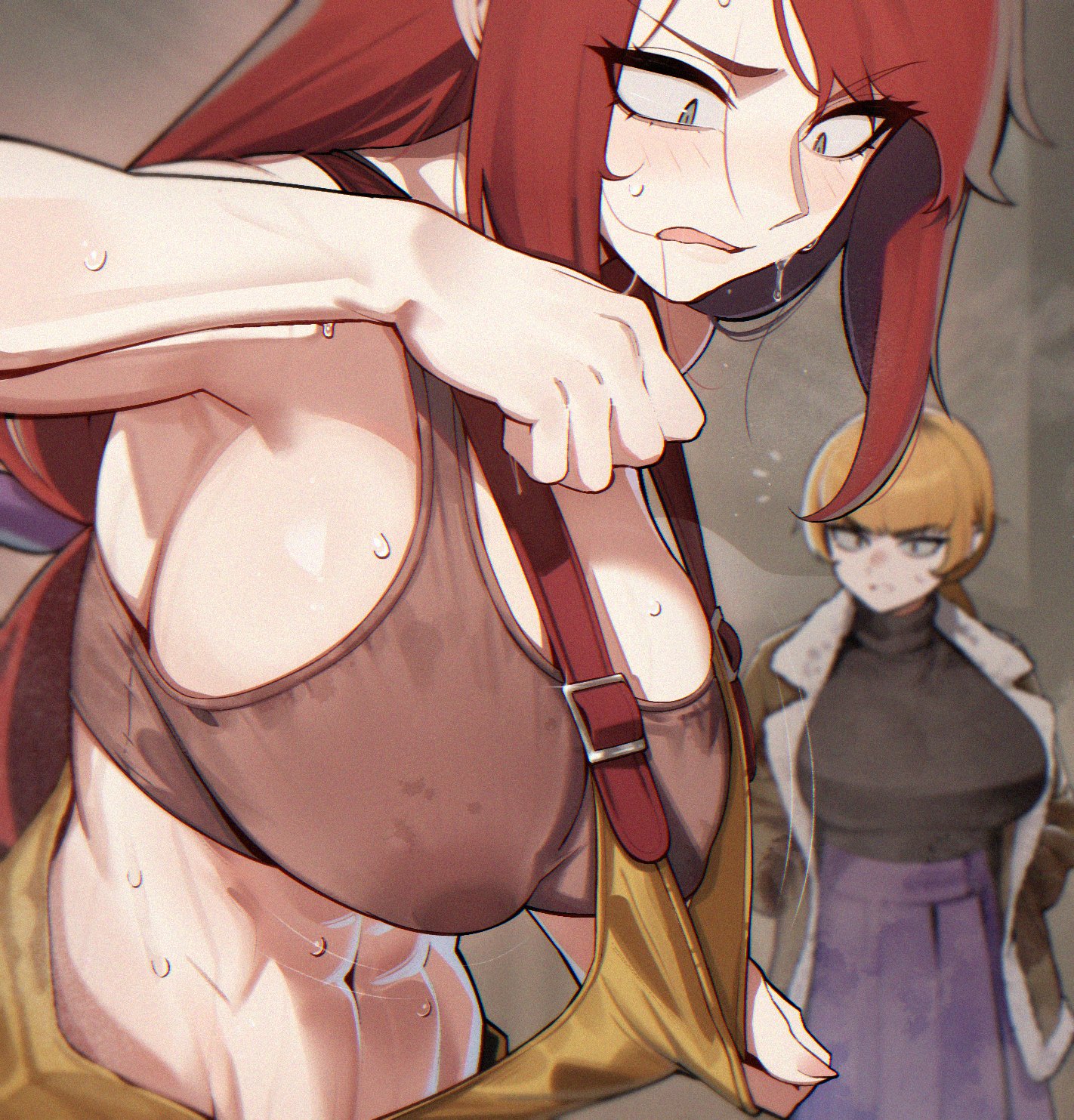 2026, 2d, 2d (artwork), 2girls, abella (fear and hunger), abs, athletic, athletic female, bangs, bare shoulders, belly, belly button, big breasts, blonde hair, blunt bangs, blush, blush lines, blushing, breasts, busty, cleavage, clothed, clothing, curvaceous, curvy, curvy female, curvy figure, deitysexual, fear and hunger, fear and hunger: termina, female, female only, fit, fit female, fully clothed, hi res, highres, huge breasts, karin (fear and hunger), large breasts, light skin, light-skinned female, long hair, midriff, muscles, muscular, muscular female, navel, nipple bulge, nipples, overalls, ponytail, red hair, skimpy, skimpy clothes, skirt, stomach, straight hair, sweat, sweatdrop, sweating, sweaty, sweaty body, tied hair, toned, toned body, toned female, toned stomach, voluptuous, voluptuous female, white eyes, wide eyed