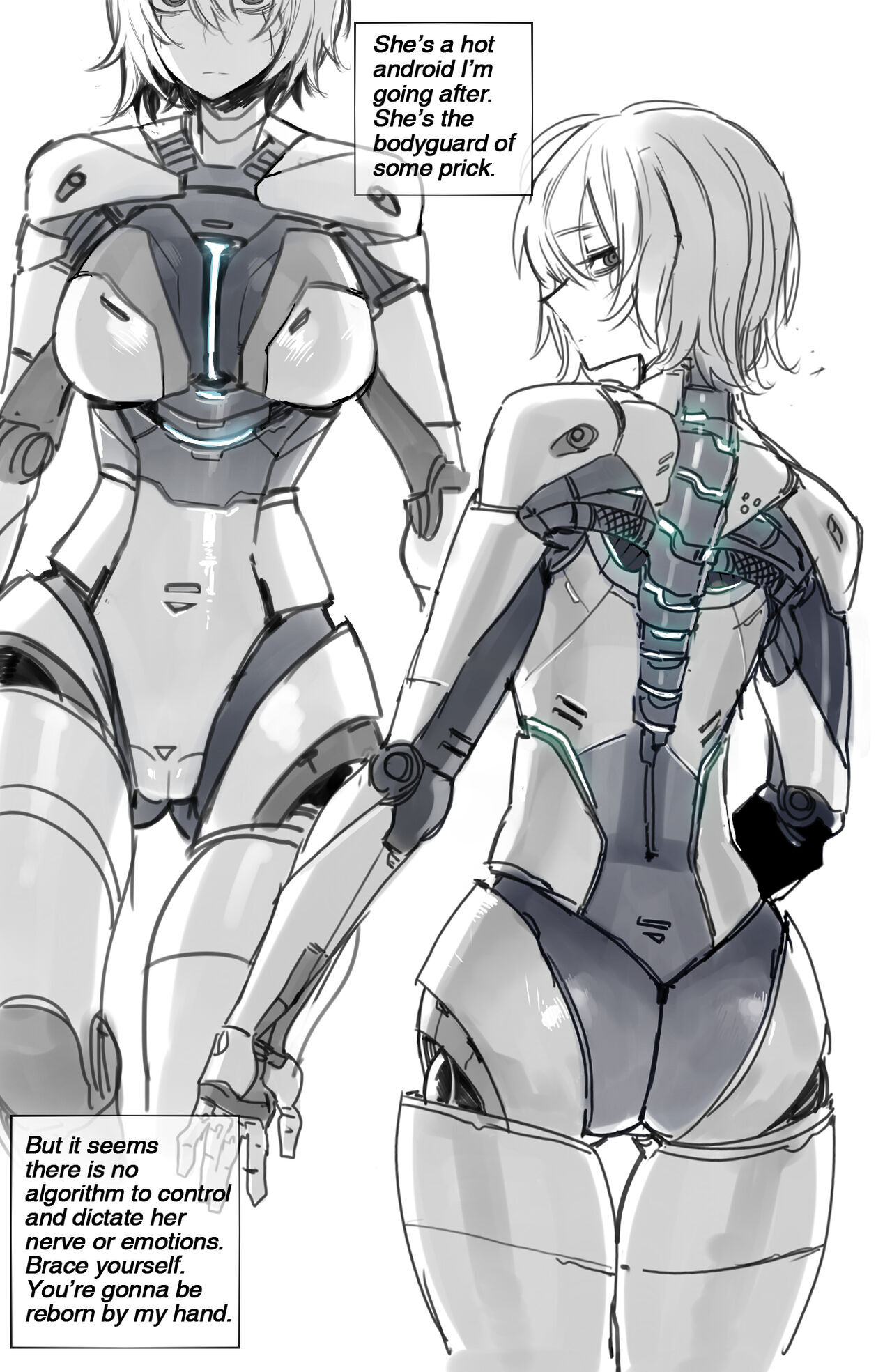 android, artificial intelligence, ass, ass focus, before sex, breasts, corruption, curvy, curvy figure, full body, glowing body, gray eyes, gray skin, metallic body, mr.skull, pale skin, pale-skinned female, ratatatat74, robot, robot girl, robot humanoid, robot joints, slender waist, text, text box, text bubble, waist, white background, white hair