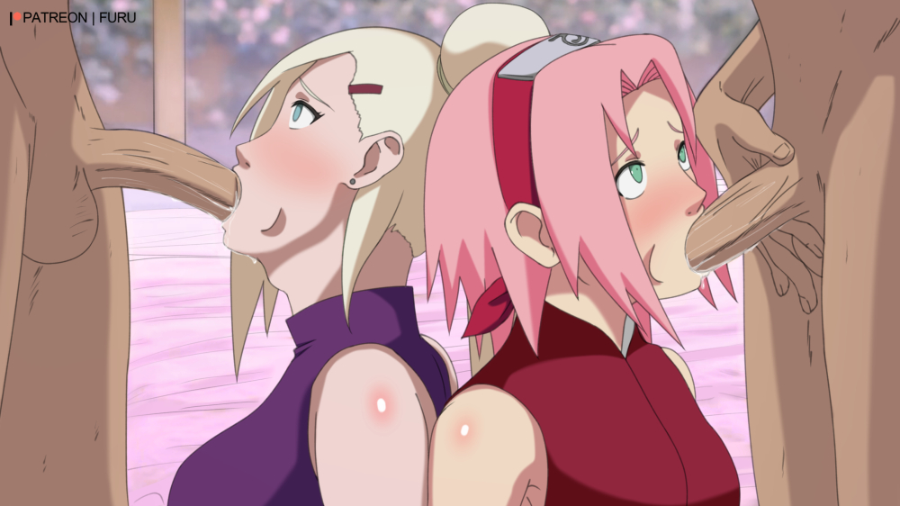 2boys, 2girls, back to back, bed, bedroom, blonde hair, blonde-haired female, fellatio, female, furutaka, green eyes, ino yamanaka, long hair, male, multiple boys, multiple females, multiple girls, multiple males, naruto, naruto (series), naruto shippuden, oral, pink hair, pink-haired female, sakura haruno, short hair
