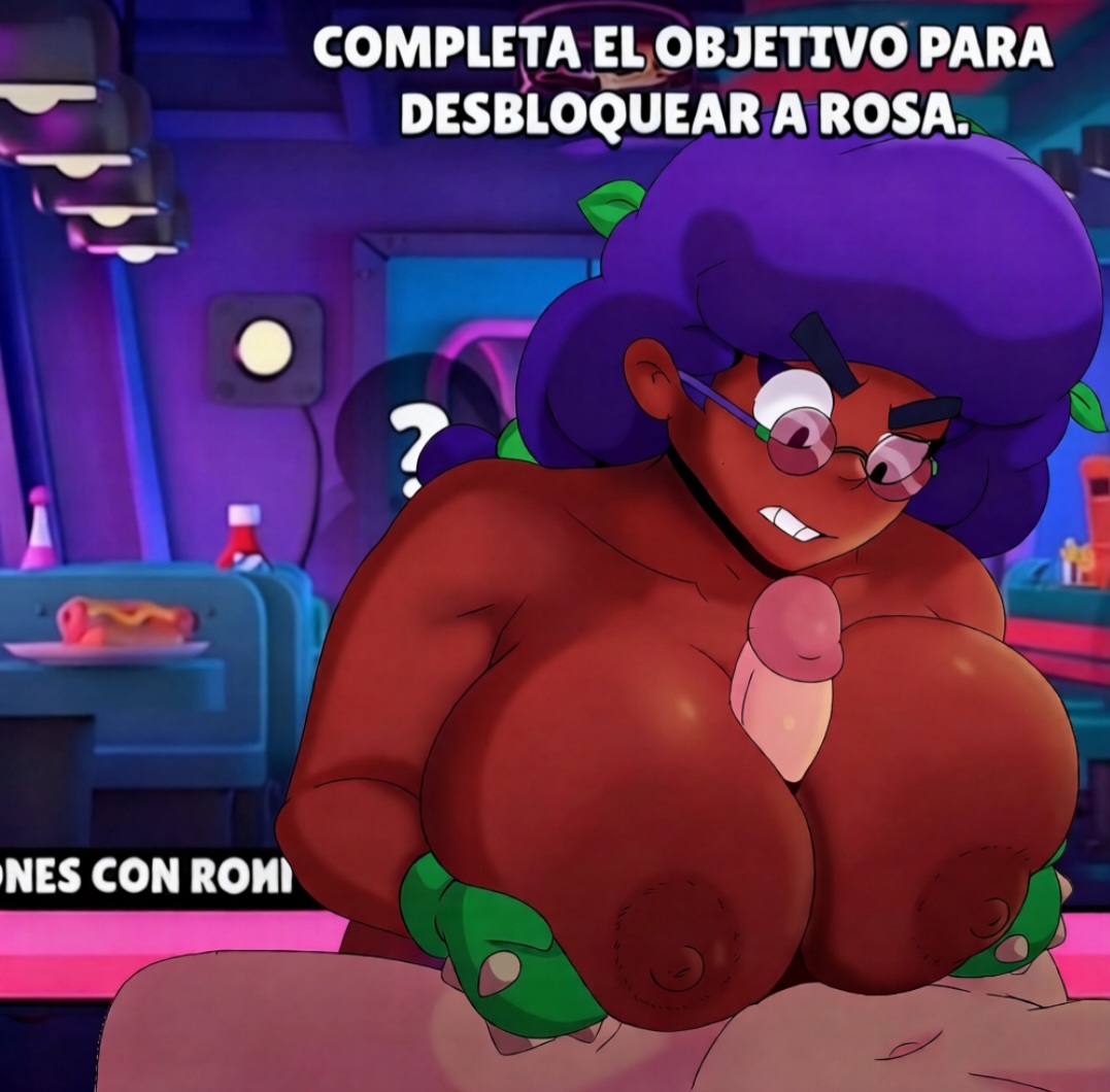 1boy, 1girls, brawl stars, breasts, dark-skinned female, huge breasts, massive breasts, naked, paizuri, penis, penis between breasts, rosa (brawl stars), titjob