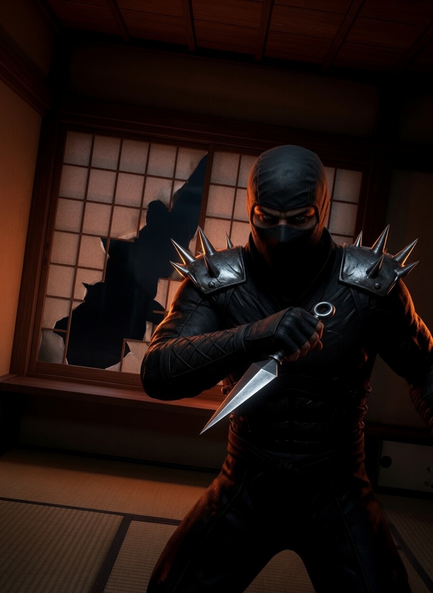 3d ai ai-created ai_art ai_assisted ai_generated assassin candlelight crossover dagger dead_or_alive grand_theft_auto grand_theft_auto:_san_andreas holding_weapon japan koei_tecmo kunai menacing night nighttime ninja ninja_gaiden ominous rockstar_games serious serious_face serious_look shadow shadows story tatami tatami_room team_ninja vandalism vandalized weapon wowzerspowzers