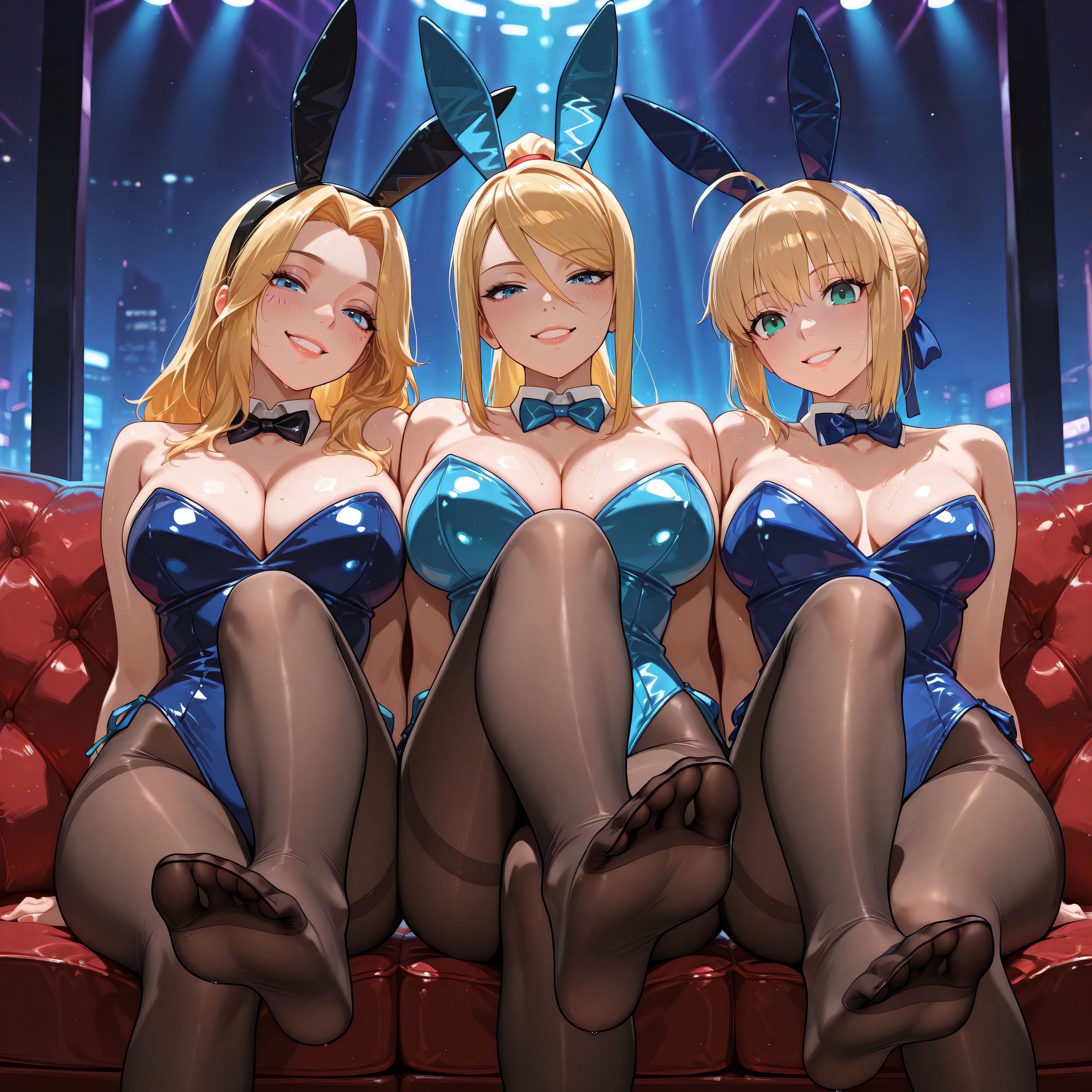 3girls, ai generated, artoria pendragon, bunny costume, bunny ears, bunny girl, bunny suit, bunnysuit, child bearing hips, commission, crossover, curvaceous, curvaceous body, curvaceous female, curvaceous figure, curvaceous hips, curvaceous thighs, fake animal ears, fate (series), feet, foot fetish, front view, league of legends, looking at viewer, luxanna crownguard, metroid, multiple crossover, pantyhose, playboy bunny, riot games, saber, samus aran, seductive, smile, soles, sweat, sweatdrop, tagme, vertiloart, waifu