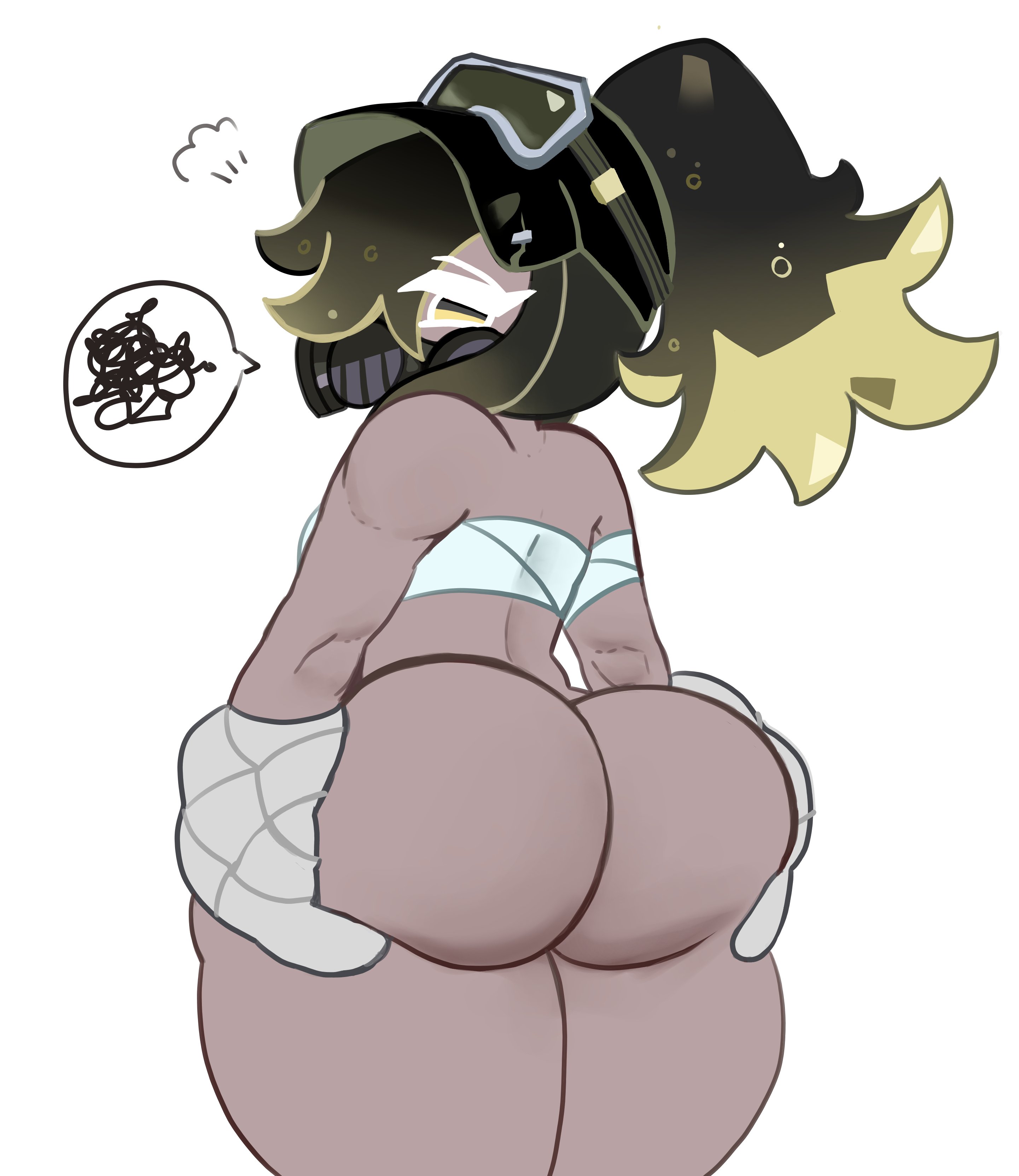 1girls, almost naked, angry expression, armwear, ass, ass focus, bandages, black vinegar cookie, bottomless, cookie run, cookie run kingdom, female only, frustrated, gas mask, grabbing ass, looking at viewer, looking back, magpiered, magpieredd, partially clothed, speech bubble