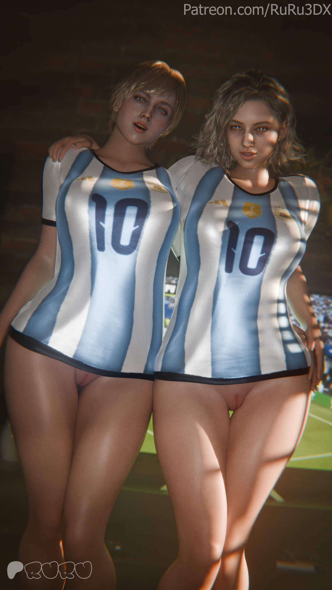 2girls, 3d, argentina, bottomless, cowboy shot, female, female focus, female only, grace ashcroft, highres, light skin, light-skinned female, looking at viewer, parted lips, pussy, resident evil, resident evil 9: requiem, ruru3dx, sherry birkin, short hair, soccer jersey, soccer uniform, standing, world cup