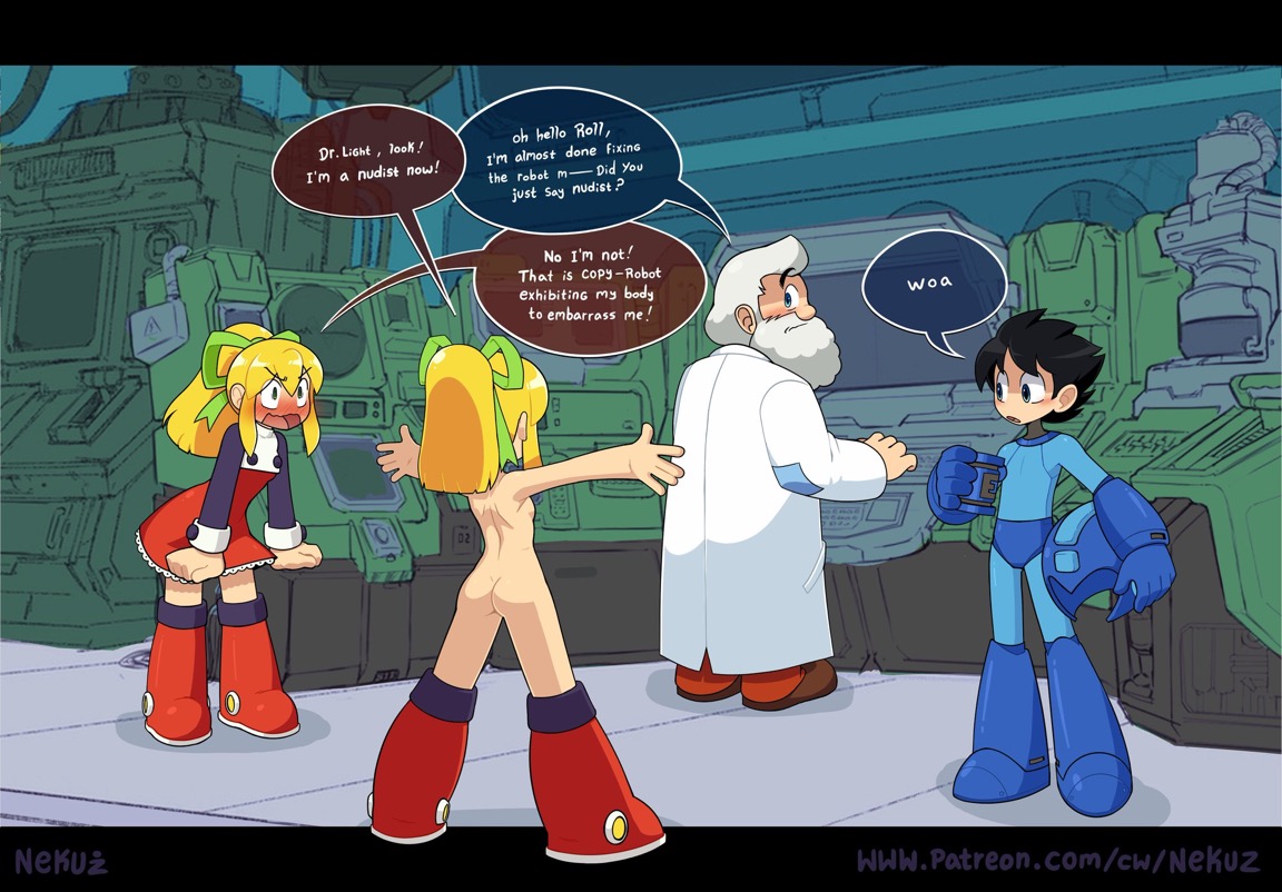 ass, black hair, casual, dr light, dr. thomas light, female, human, impersonation, male, mega man, mega man (character), naked, naked female, naked footwear, nekuzx, nonsexual, nonsexual nudity, nudist, only one naked, pale skin, roll, small ass, small breasts, tagme, yellow hair