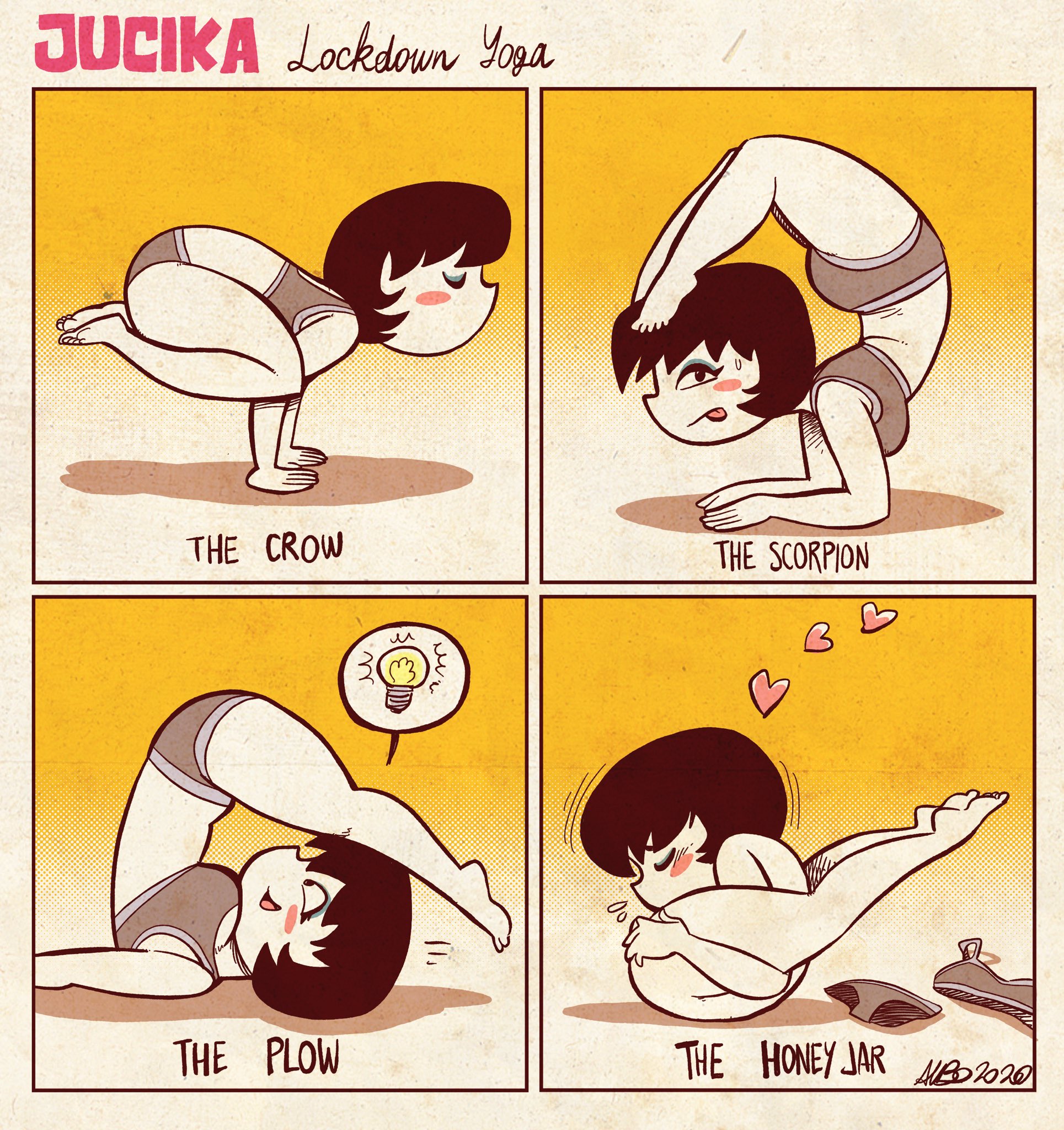 1girls, albo, autocunnilingus, barefoot, comic, completely nude, completely nude female, exercise, exercise clothing, female, female only, full body, heart, heart symbol, jucika, jucika (comic), naked, naked female, nude, nude female, pretzel position, solo, solo female