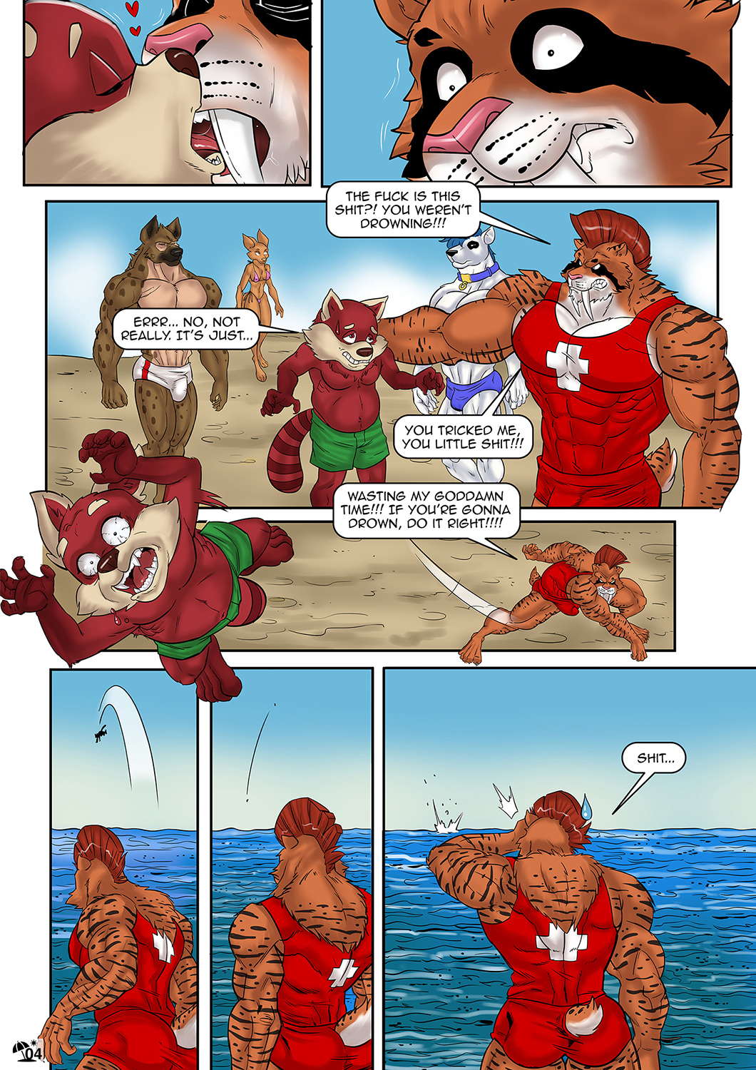 4_toes 5_fingers 5_toes abs ailurid angry anthro anthro_on_anthro ass barefoot beach bikini bikini_bottom bikini_top bodily_fluids border breasts brown_body brown_fur bulge canid canine canis claws closed_eyes clothed clothing comic day dialogue domestic_dog english_text fangs feet felid female finger_claws fingers fox french_kissing fur genital_outline genitals group hair hi_res hindpaw humanoid_hands hyena instant_regret jax_(jaxace) kissing kt_(nexus) lifeguard lifeguard_swimsuit machairodontine male male/male mammal mohawk multicolored_body multicolored_fur muscular muscular_anthro muscular_male navel nexus nipple_outline nipples one-piece_swimsuit open_mouth orange_body orange_fur outside page_number paws pecs penis_outline pink_nose profanity red_body red_fur red_hair red_panda regret sabertooth_(anatomy) sand scruff_grab seaside size_difference speech_bubble speedo spotted_hyena striped_body striped_fur stripes surprise sweat sweatdrop swimming_trunks swimwear teeth text throwing throwing_character toe_claws toes topless topless_anthro topless_male two_tone_body two_tone_fur water white_body white_border white_fur wide_eyed