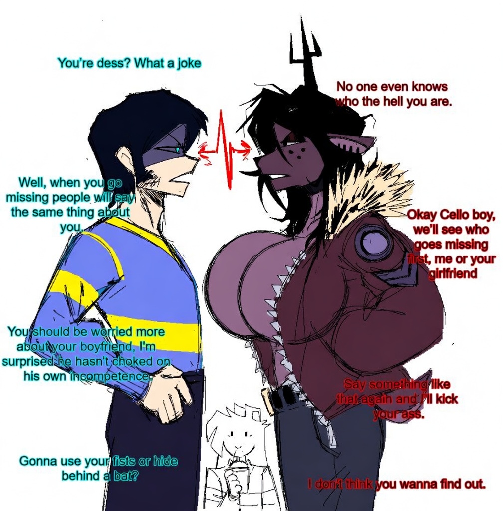 1girl, 2boys, absolute deltarune, absolute dess, antlers, arguing, asriel dreemurr, big breasts, breasts, deer, deer girl, deltarune, dess holiday, edit, goat boy, huge breasts, jacket