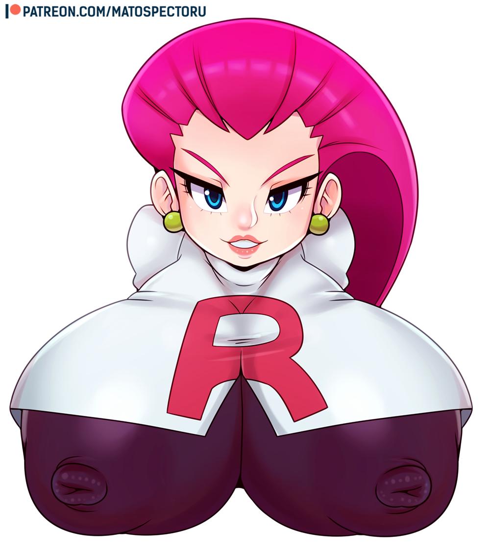 1girls alternate_breast_size blue_eyes bust bust_style busty earrings female female_only hair jessie_(pokemon) matospectoru nintendo nipple_bulge pink_hair pokemon pokemon_rgby simple_background solo team_rocket team_rocket_uniform video_games white_background