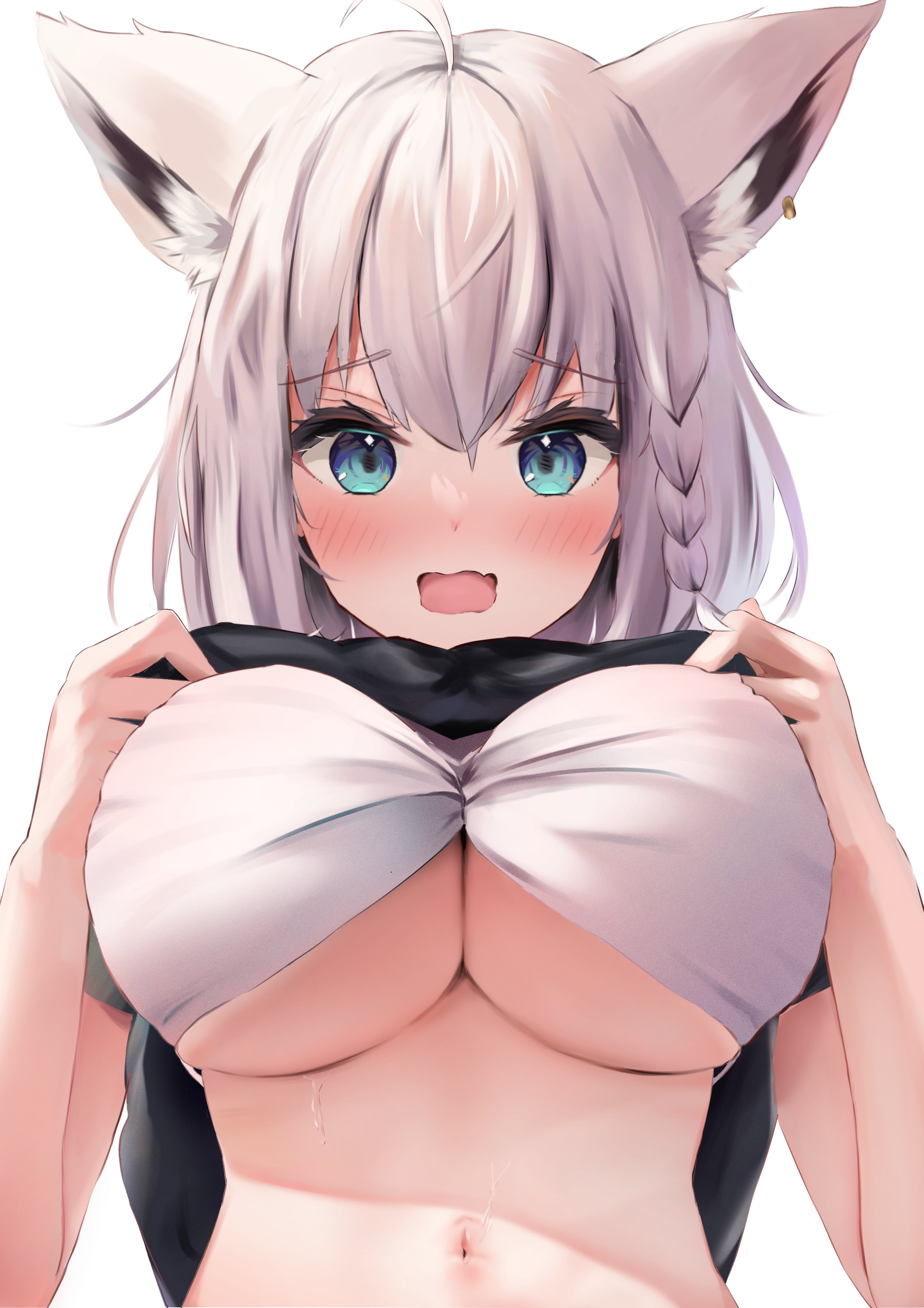 1girls, animal ears, aqua eyes, artist request, bangs, bikini, blush, breasts, female, fox ears, fox girl, hololive, hololive gamers, hololive gen 1, hololive japan, huge breasts, large breasts, looking at viewer, navel, open mouth, shirakami fubuki, shirt lift, short hair, simple background, solo, sweat, swimsuit, virtual youtuber, white background, white hair
