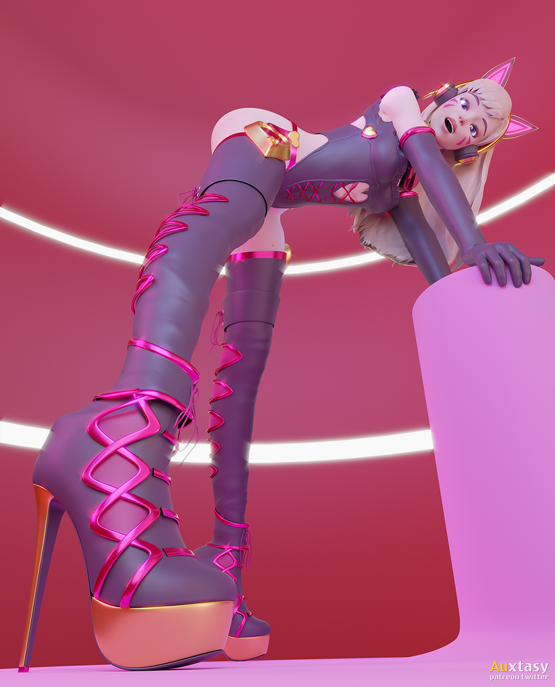 3d, alternate costume, auxtasy, black cat d.va, blender, blonde hair, d.va, elbow gloves, female, gifdoozer's black cat d.va, gloves, high heel boots, high heels, latex, latex gloves, leotard, overwatch, tagme, thigh boots, thighhighs