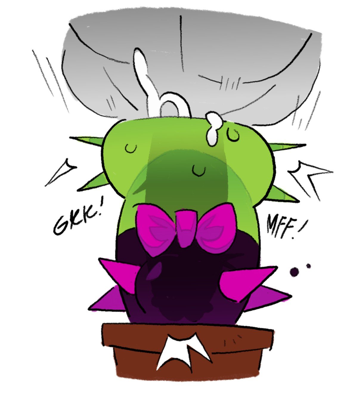 1boy, 1girls, blowjob, bowtie, color, cum, cum inside, deepthroat, dusk lobber (pvz), english text, female, gagging noise, hetero, huge cock, male, naked, naked male, penis, plant, plants vs zombies, potted plant, pvz, pvz 2, real saming, simple background, straight, text, twitter link, white background