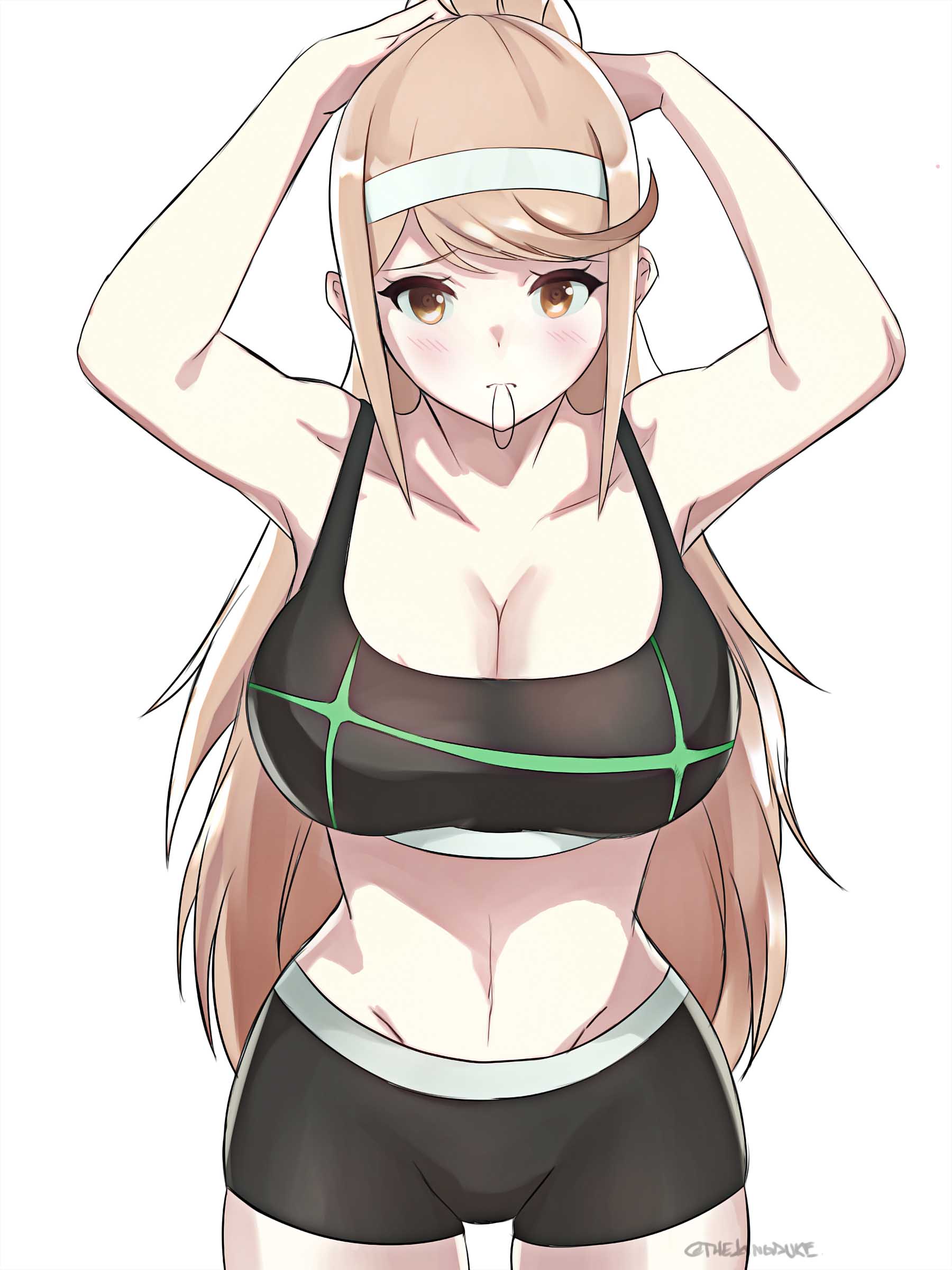 1girls, absurdres, adjusting hair, alternate costume, arms behind head, arms up, bangs, bikini, black clothes, black shorts, blush, breasts, brown eyes, brown hair, cleavage, female, gym clothes, hairband, hands behind head, headpiece, highres, large breasts, long hair, looking at viewer, mythra (xenoblade), neon trim, nintendo, ponytail, shorts, shy, simple background, solo, swept bangs, swimsuit, the kingdude, twitter username, very long hair, white background, xenoblade (series), xenoblade chronicles 2