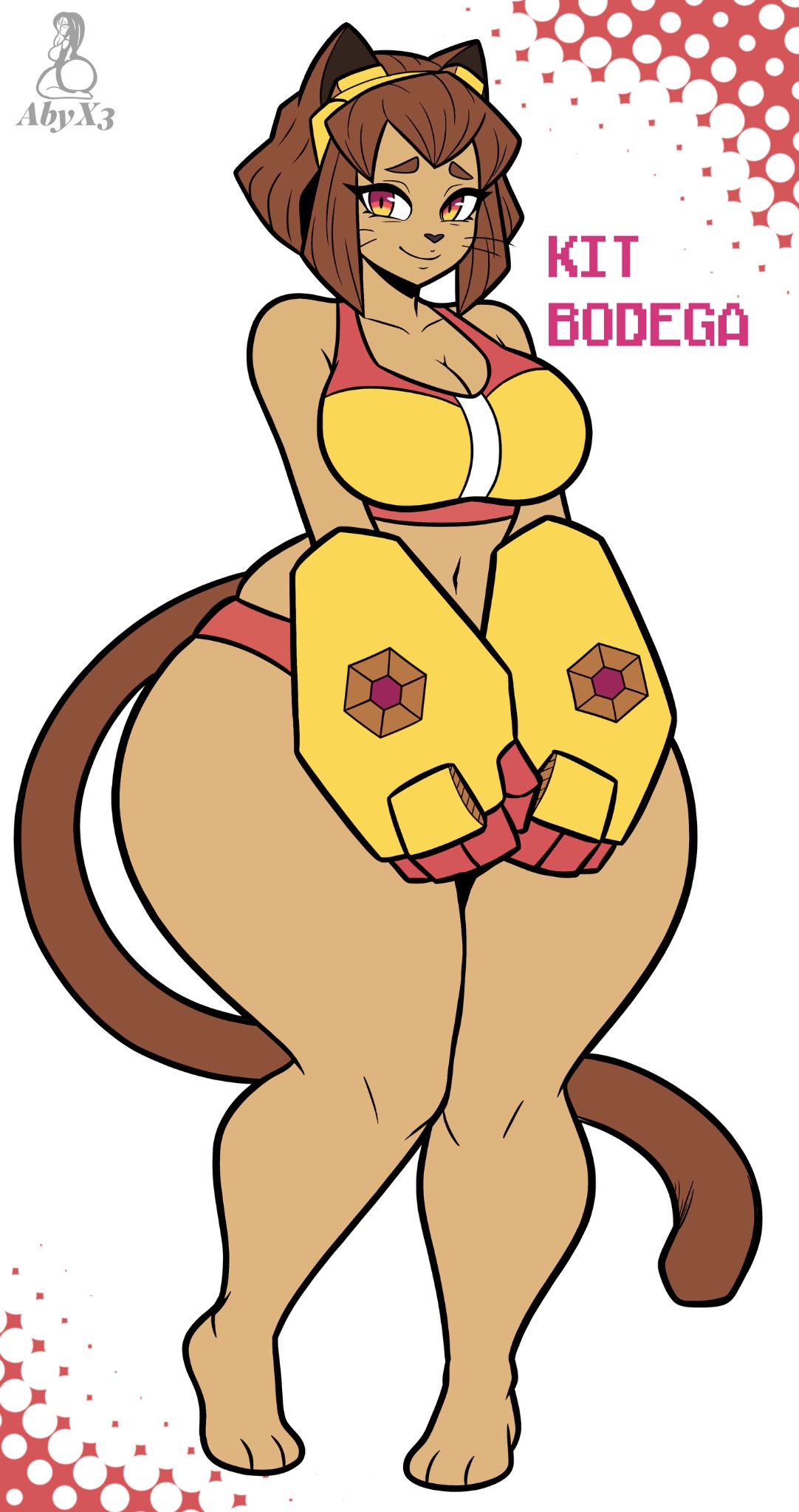 1girls, abyx3, animal ears, anthro, big breasts, bikini, breasts, brown hair, cat ears, cat girl, cat tail, gameoverse, glitch productions, huge thighs, kit (gameoverse), kit bodega, solo, swimsuit, thick thighs, thighs