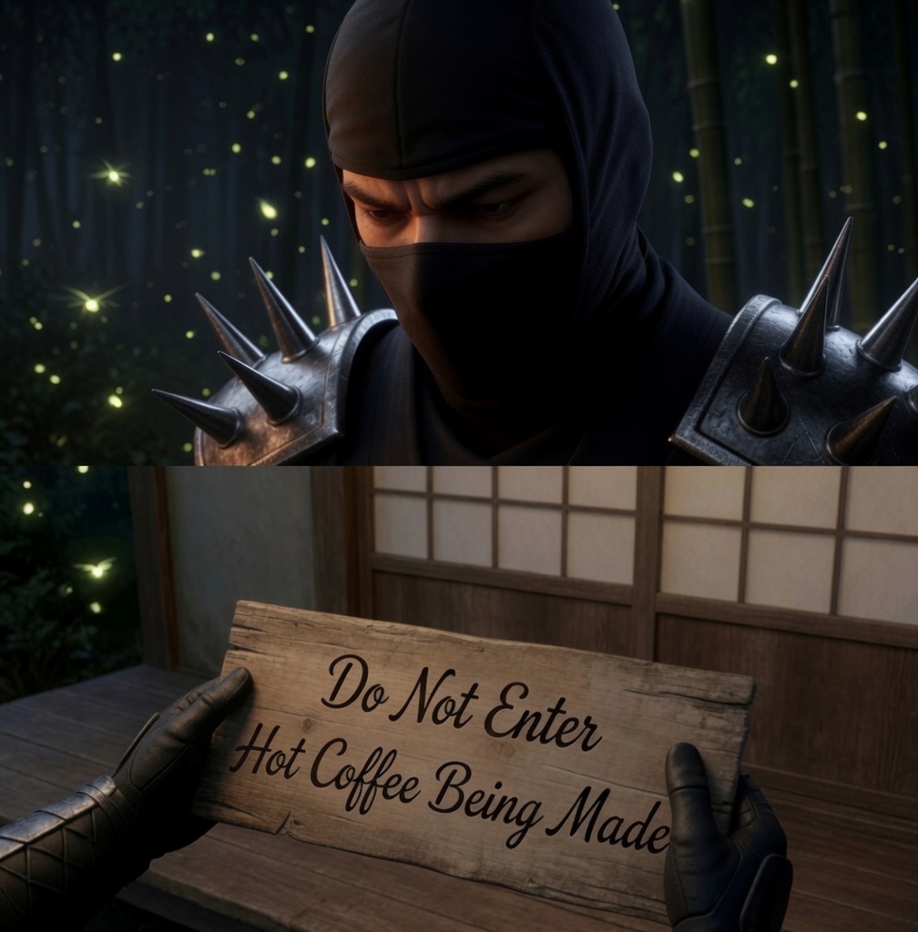 3d ai ai-created ai_art ai_assisted ai_generated assassin candle candlelight confused confused_look crossover dead_or_alive fireflies forest grand_theft_auto grand_theft_auto:_san_andreas holding_object hot_coffee hot_coffee_(gta) japan koei_tecmo looking_down night nighttime ninja ninja_gaiden ominous rockstar_games shadow shadows sign story tatami tatami_room team_ninja wowzerspowzers