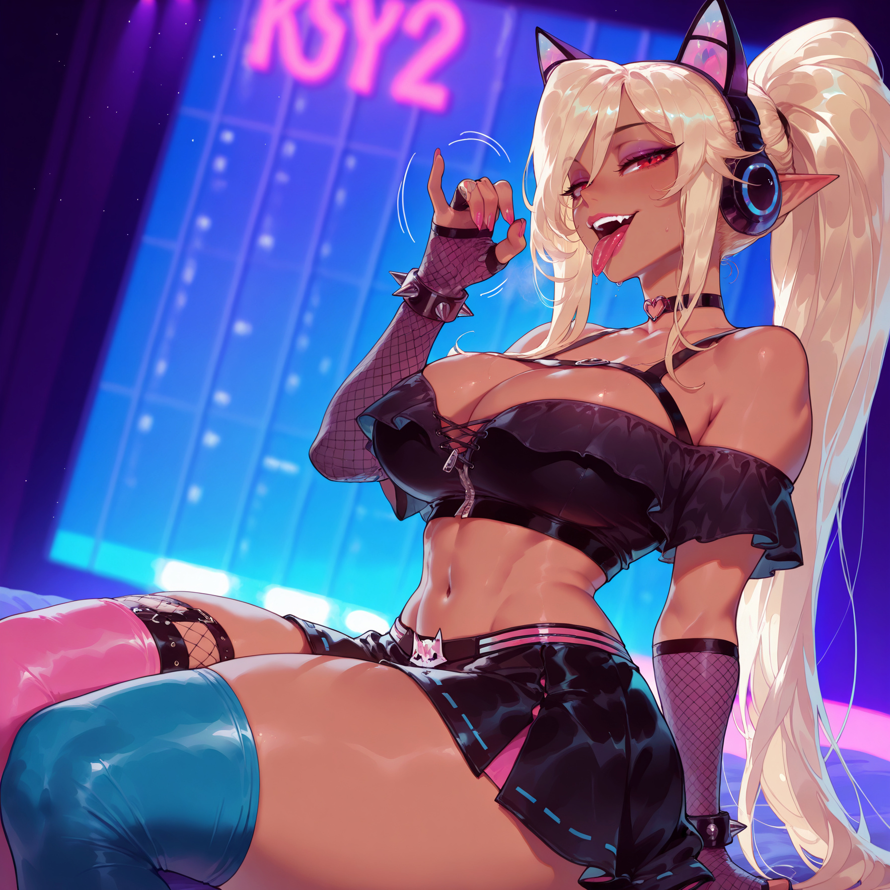 1girl, 1girls, abs, ai generated, animal ear headphones, animal ears, asymmetrical legwear, balecxi, bare shoulders, black choker, black clothes, black skirt, blonde hair, blue thighhighs, bracelet, breasts, cat ear headphones, choker, cleavage, cloe (kuroinu), clothing, crop top, curvaceous, curvaceous female, curvaceous figure, curvy, curvy figure, dark elf, dark skin, dark-skinned female, elbow gloves, elf, eyeshadow, fake animal ears, fangs, fellatio gesture, female, female focus, fingerless gloves, fishnet gloves, fishnets, gloves, hand up, headphones, jewelry, kuroinu ~kedakaki seijo wa hakudaku ni somaru~, large breasts, legwear, long hair, looking at viewer, makeup, midriff, miniskirt, mismatched legwear, nail polish, naughty face, navel, off shoulder, open mouth, oral invitation, pink nails, pink thighhighs, pleated skirt, pointy ears, ponytail, purple thighhighs, red eyes, sexually suggestive, shirt, sitting, skirt, smile, solo, spiked bracelet, spikes, stomach, teeth, thick thighs, thighhighs, thighs, tongue, tongue out, uncensored, upper teeth only, very long hair, voluptuous, voluptuous female
