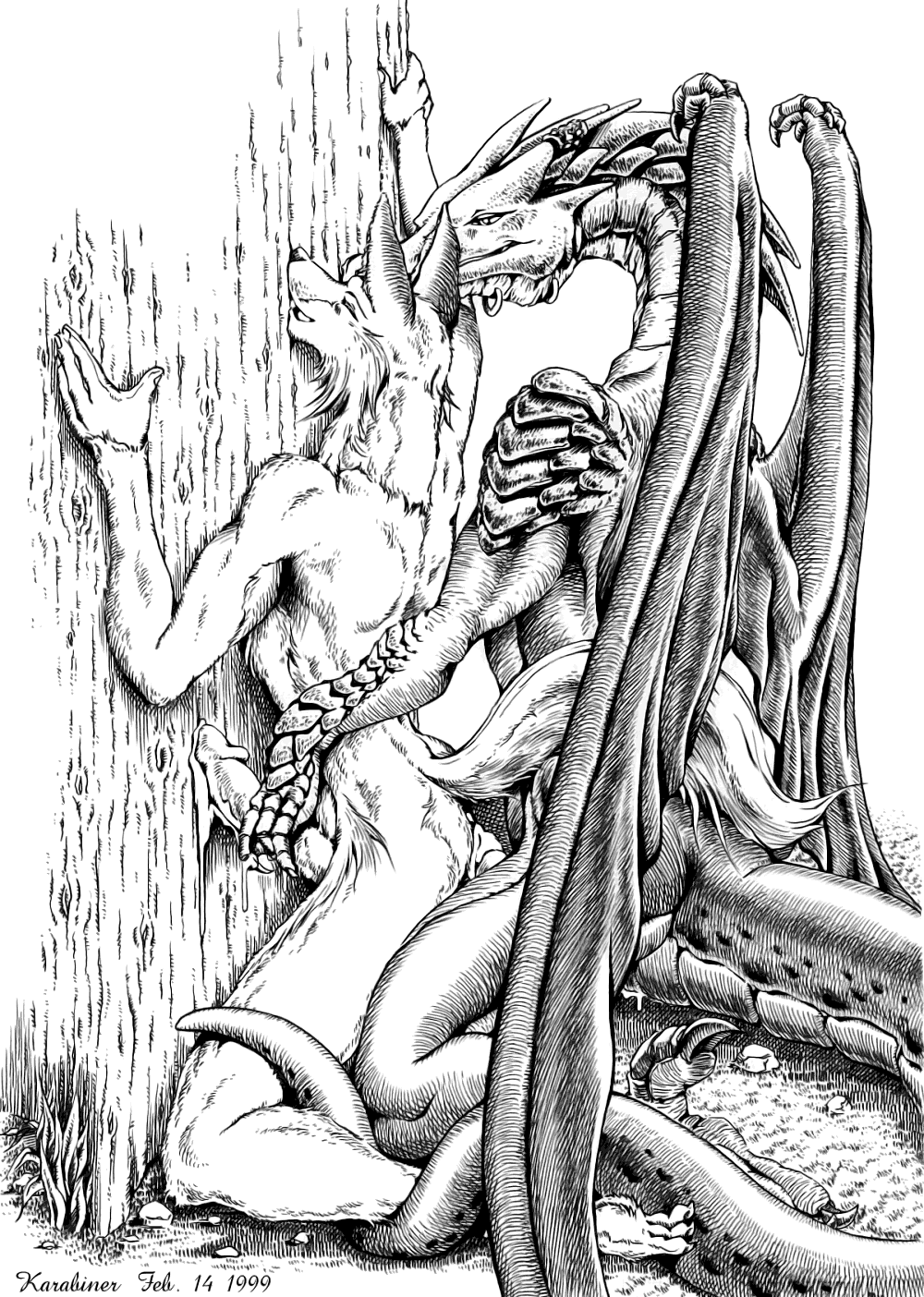 1990s 1999 20th_century anthro canid canine canis cum dragon duo erection feral hi_res interspecies karabiner male mammal monochrome nude penis scales scalie wolf yaoi zoophilia