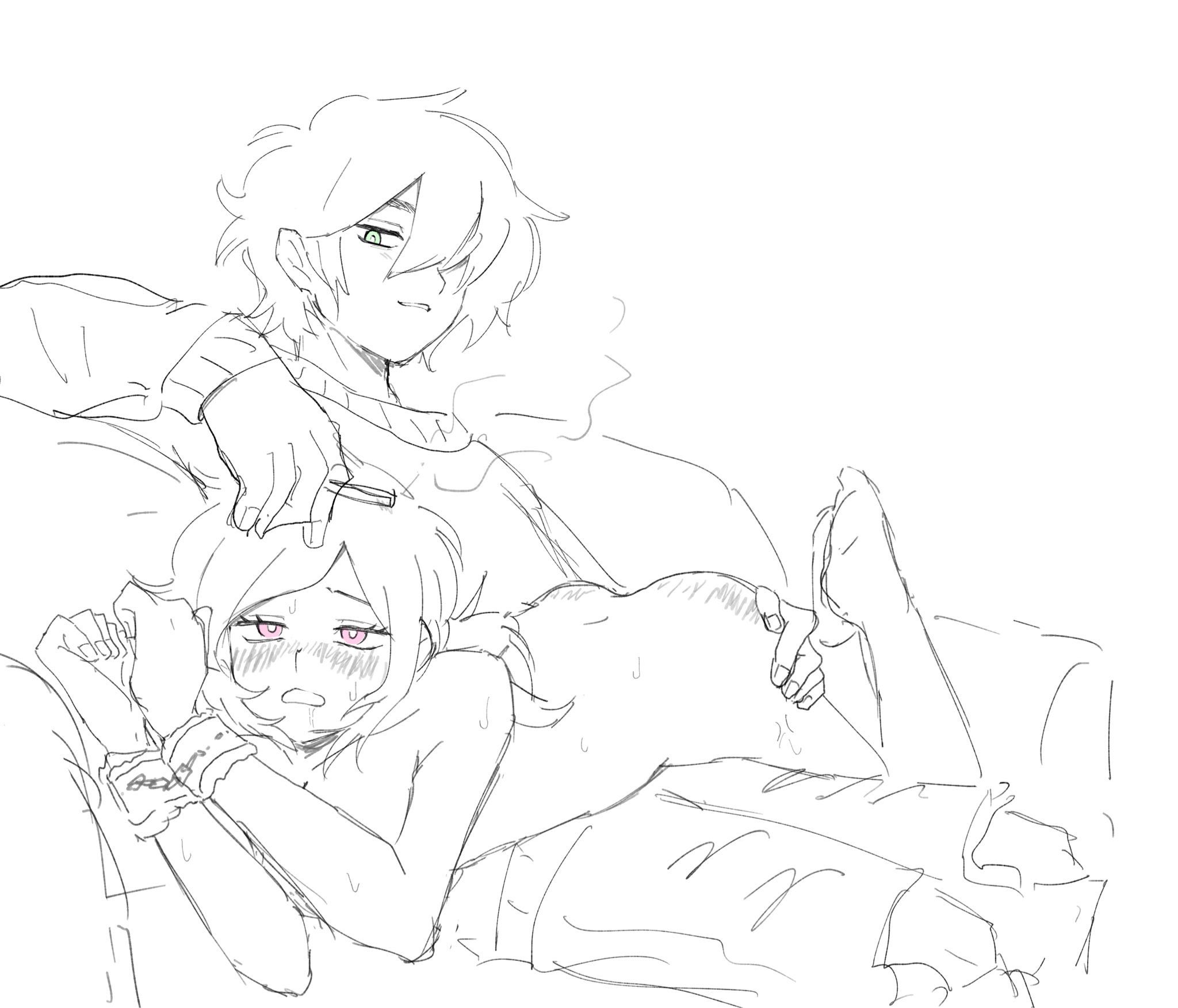 1boy, 1girls, 2d, andrew graves, ashley graves, ass, blush, brother and sister, cuffs, female, femsub, green eyes, hand on ass, incest, lying on lap, lying on person, male, maledom, nude, over the knee, over the knee spanking, pink eyes, ponytail, restrained, siblings, smoking, smoking cigarette, straight, the coffin of andy and leyley, zieisuisyoo