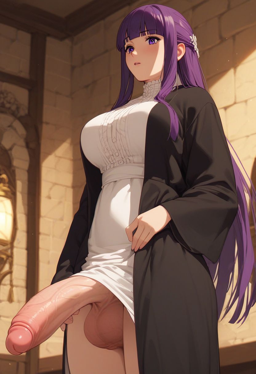 1futa, ai generated, balls, blunt bangs, dickgirl, fern (sousou no frieren), foreskin, frieren beyond journey's end, futa only, futa sans pussy, futanari, half-erect, huge cock, intersex, memytus, penis, purple eyes, purple hair, solo, sousou no frieren, testicles, uncircumcised, uncut, violet eyes, violet hair