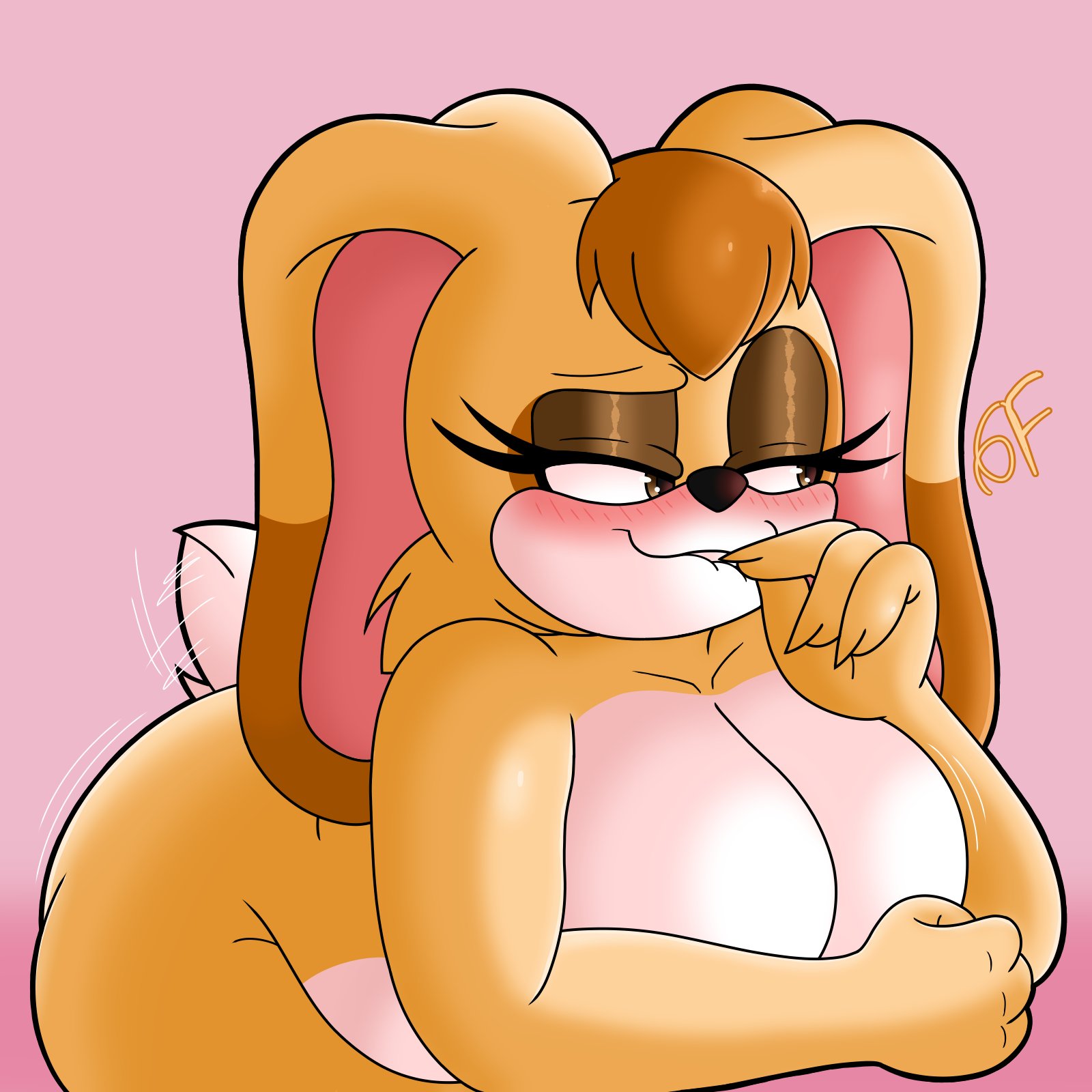 1girls, anthro, ass, big breasts, blush, bomba world12, breasts, brown eyes, covering breasts, do men still love women this size, eyelashes, female, furry, gradient background, hi res, long ears, looking away, mature female, milf, mobian (species), rabbit, seductive, seductive look, sega, signature, simple background, smug, sonic (series), sonic team, sonic the hedgehog (series), vanilla the rabbit