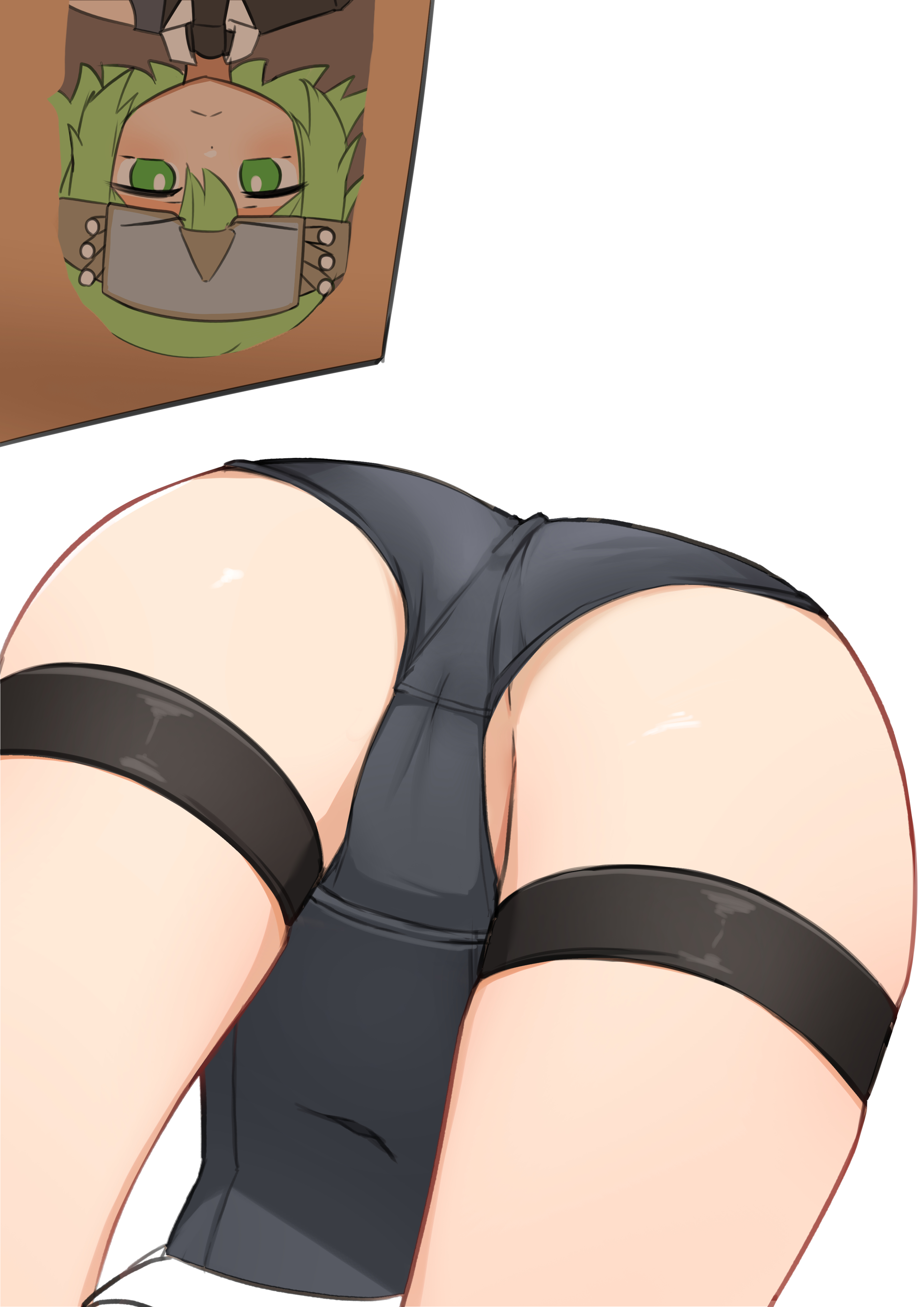 ass, aubl 74 (daebom), black bodysuit, cameltoe, daebom, female, green hair, pussy, short hair, stuck, upside-down, war thunder
