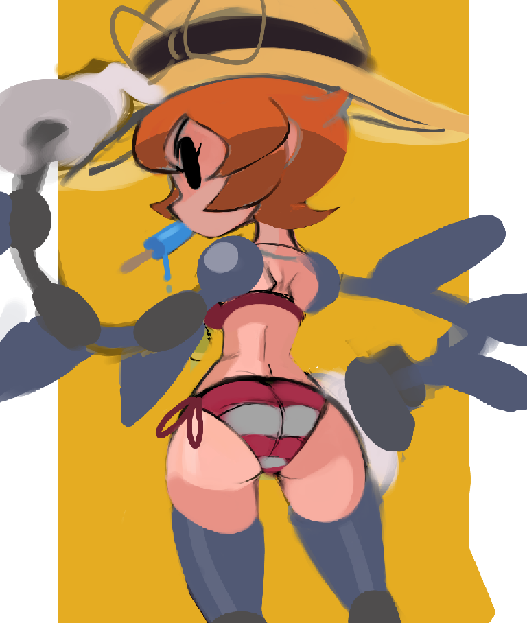 ass bikini breasts hat peacock_(skullgirls) popsicle side_view skullgirls summer unknown_artist wide_hips