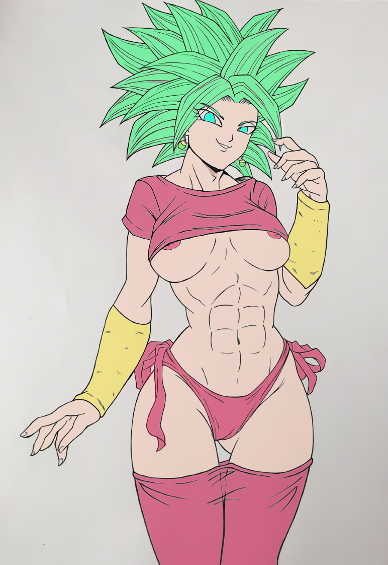 1girls, blonde hair, blue eyes, breasts, clothed, dragon ball, dragon ball super, female, female only, fusion, green hair, kefla, legendary super saiyan, light skin, light-skinned female, lingerie, nipples, pants down, saiyan, shirt up, smile, solo, spiky hair, super saiyan, super saiyan 2