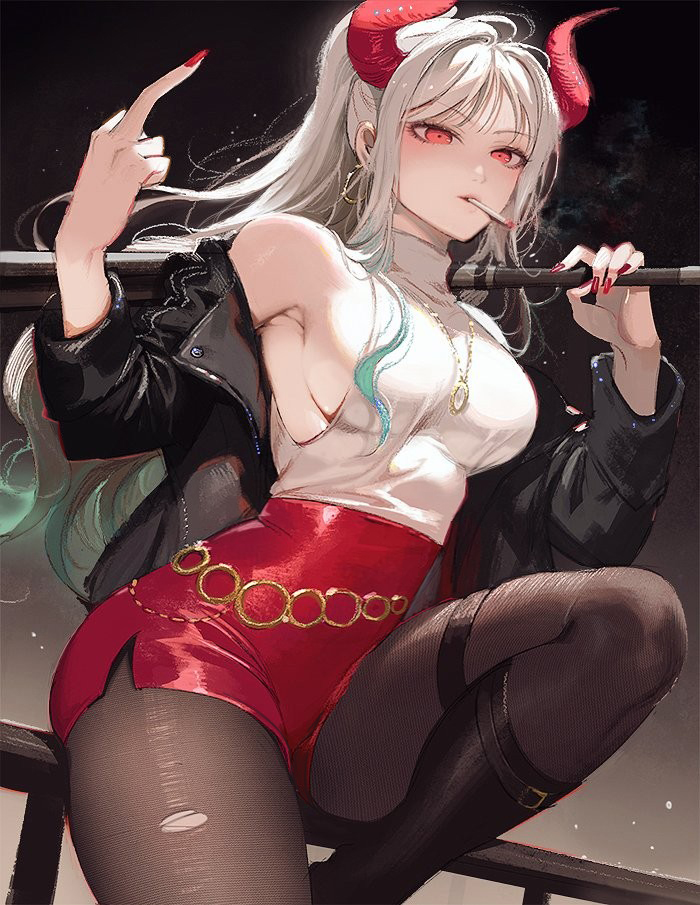 alternate costume, baseball bat, big breasts, boots, breasts, cigarette, female, female only, fully clothed, gradient hair, high-waist shorts, hoop earrings, horns, jacket, jewelry, leather jacket, light skin, light-skinned female, long hair, looking at viewer, middle finger, multicolored hair, nail polish, necklace, no bra, nori31291404, off shoulder, one piece, open jacket, pale skin, pale-skinned female, pantyhose, ponytail, red eyes, red nails, short shorts, shorts, sideboob, sleeveless shirt, smoking, solo, thick thighs, torn pantyhose, turtleneck, white hair, yamato (one piece)