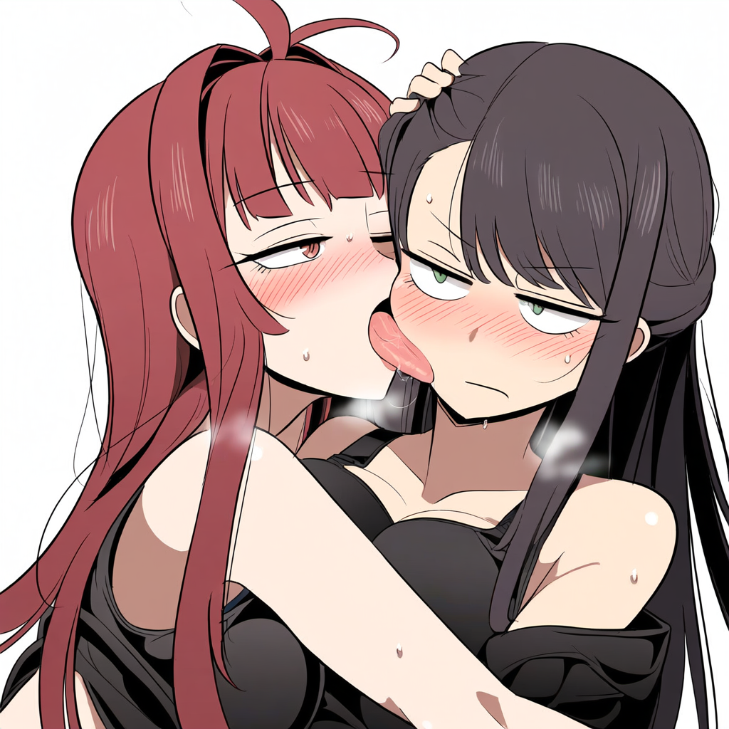 2girls, ai generated, annoyed, annoyed expression, blush, breasts, brown hair, embarrassed, female, female only, green eyes, greeting, hug, hugging, human, licking, licking face, original, original character, red eyes, red hair, sweat, tongue, tongue out, yuri