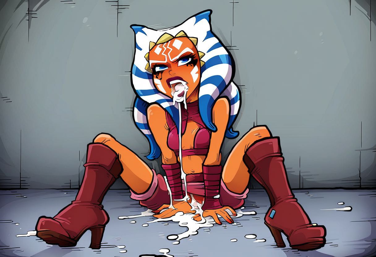 1girls after_deepthroat after_fellatio after_oral after_sex after_throatpie ahsoka_tano ai_generated angry angry_face cleavage cum cum_drip cum_in_mouth cum_on_floor cum_on_lower_body cum_out_throat cute female fully_clothed high_heel_boots high_heels oral petite pony_diffusion_xl pornenjoyer333 skinny slim solo sparrow_(artist) sparrow_(artist_style) star_wars togruta