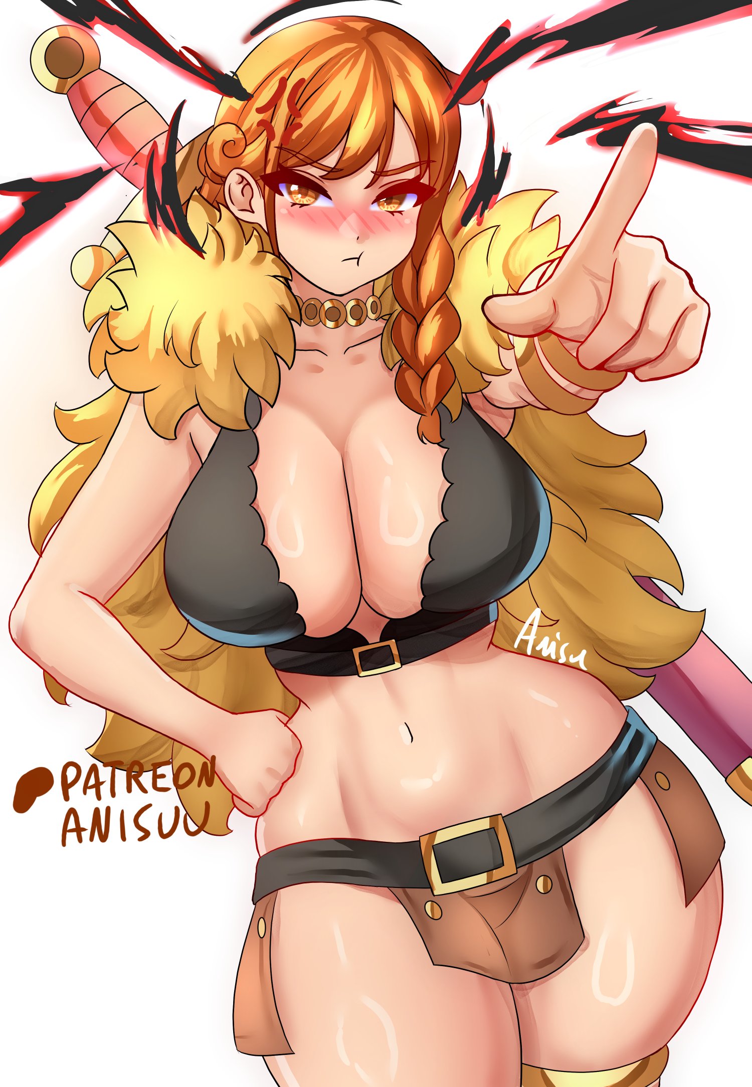 1girls, anisdrawn, breasts, female, female focus, female only, large breasts, light skin, light-skinned female, looking at viewer, nami (one piece), no panties, one piece, one piece: elbaf arc, orange hair, orange-haired female, pelvic curtain, pout, solo, thick thighs, thighs, white background, wide hips