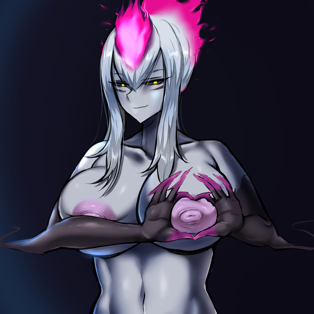 1girls, areolae, big breasts, breasts, demon, demon girl, evelynn, female, female only, heart-shaped boob challenge, huge breasts, large breasts, league of legends, looking at viewer, monster girl, nipples, rad racer, riot games, solo, succubus