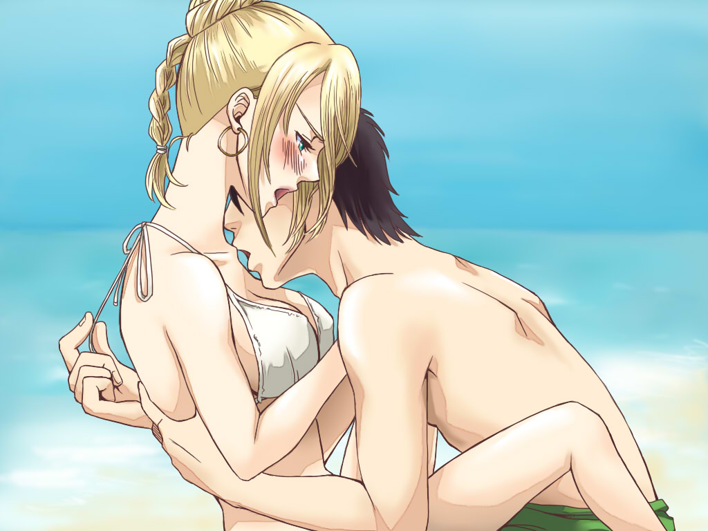 1boy 1girls beelzebub_(manga) blonde_female blonde_hair blue_eyes blush blush_lines female hilda_(beelzebub) kissing light_skin male male/female oga_tatsumi open_mouth romantic shirtless side_view sideboob straight suggestive summer white_bra