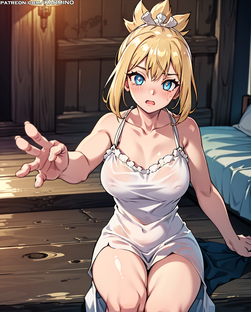 ai_generated bangs bare_arms bare_shoulders bed blonde_hair blue_eyes blush breasts cleavage clothing covered_navel dr.stone dress female female female_only hair_between_eyes indoors karmino kohaku_(dr.stone) large_breasts looking_at_viewer open_mouth ponytail see-through sitting sleeveless solo sweat thighs tied_hair white_dress