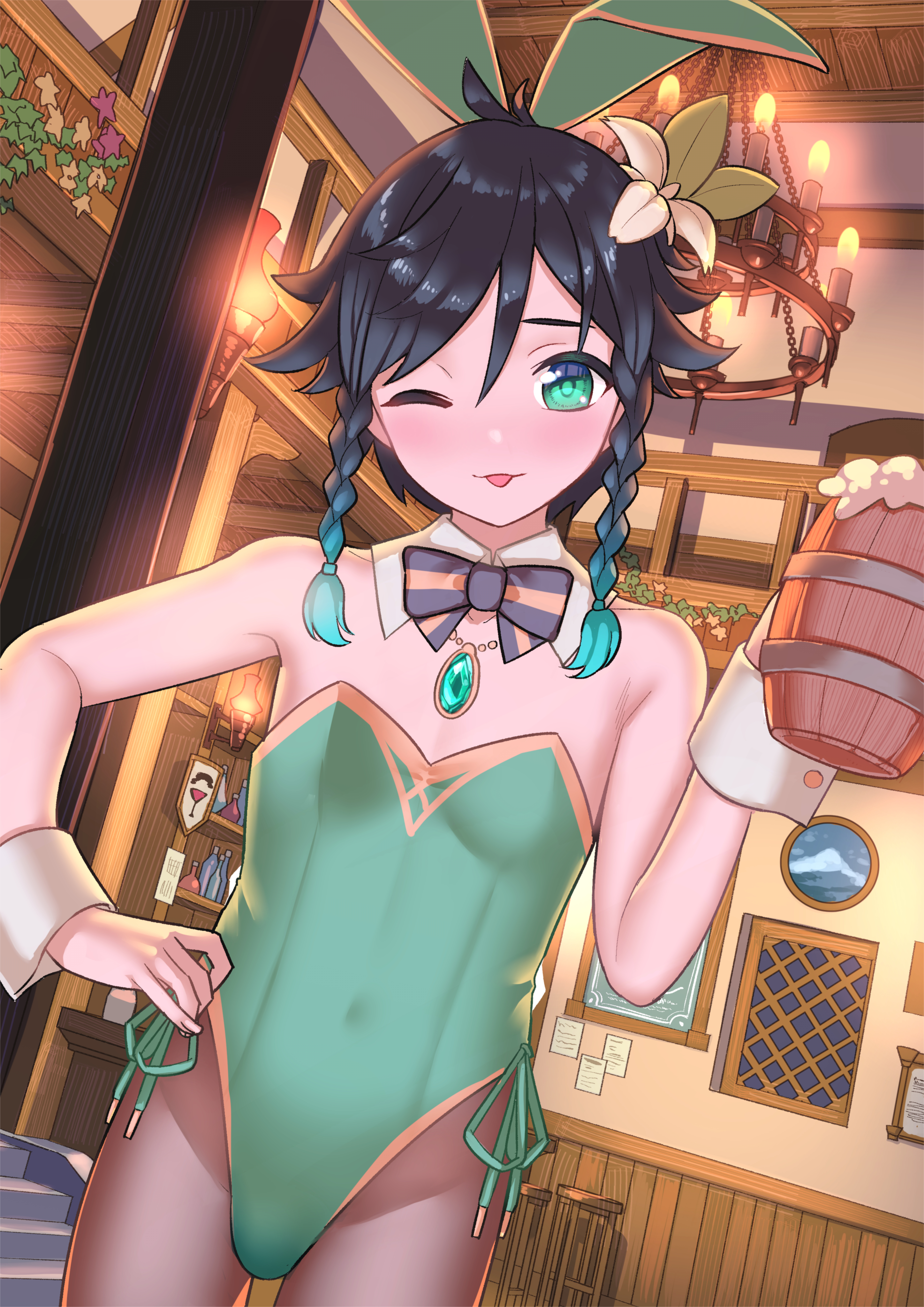 :p, 1boy, bare shoulders, beer, beer mug, bowtie, braid, braids, bulge, covered navel, covered nipples, crossdressing, eyebrows, femboy, genshin impact, girly, green eyes, green leotard, hand on hip, holding object, leotard, male, male only, one eye closed, paisen, pantyhose, solo male, tongue, tongue out, trap, twin braids, venti (genshin impact), waitress, wink