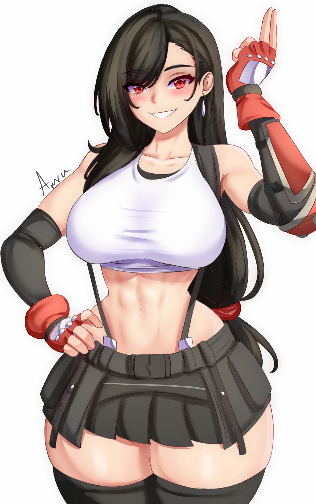 1girls anisdrawn belt_skirt black_hair black_skirt breasts clothed female female_focus female_only final_fantasy final_fantasy_vii hi_res hips huge_breasts long_hair midriff red_eyes short_skirt skirt solo tank_top thick_thighs thighs tifa_lockhart tomboy wide_hips