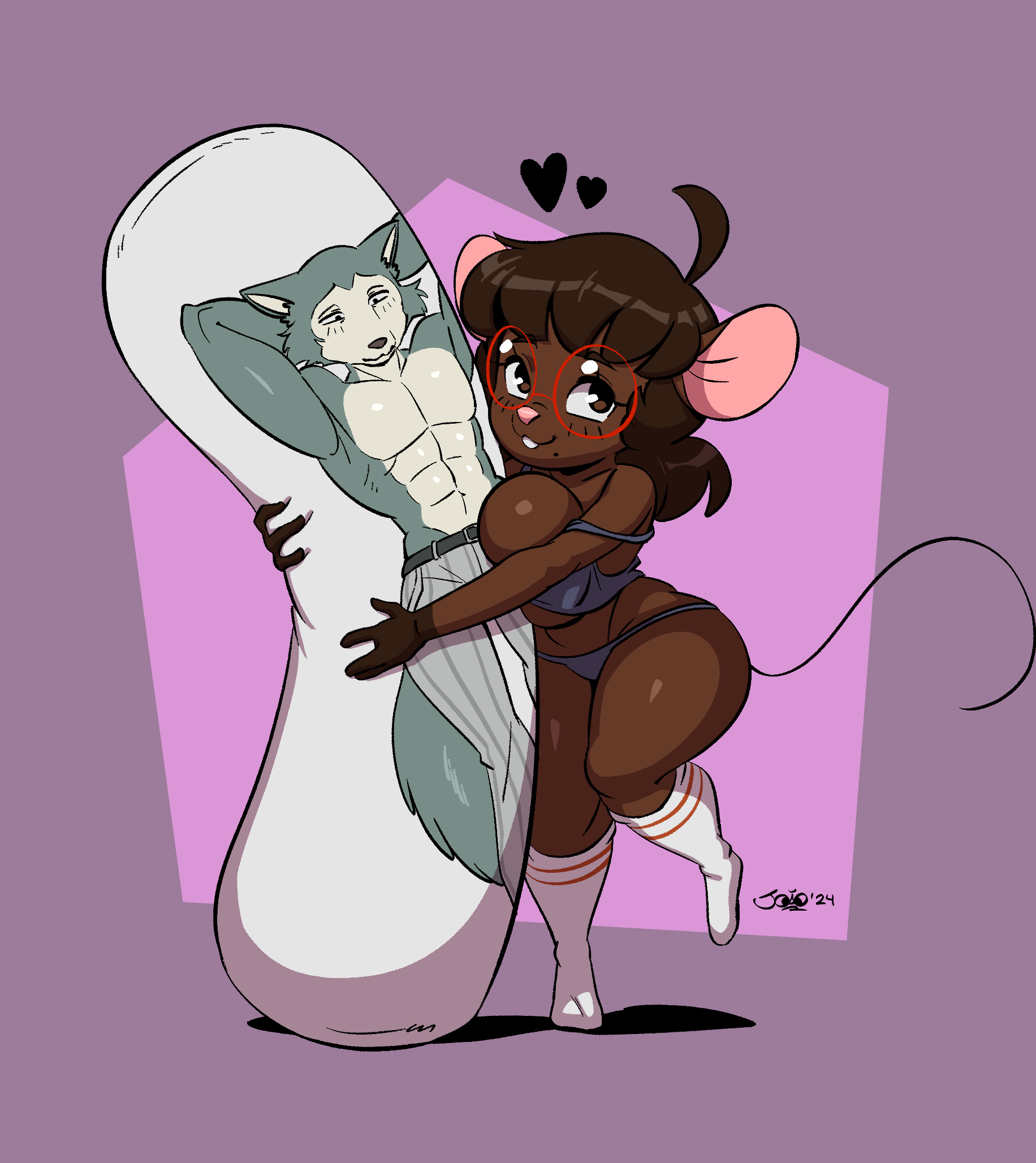 1boy, 1girls, 2024, anthro, beastars, breasts, dakimakura, female, furry, gwen martin, joaoppereiraus, legoshi (beastars), male, mouse, mouse girl, original, panties, shortstack, socks, underwear, wolf